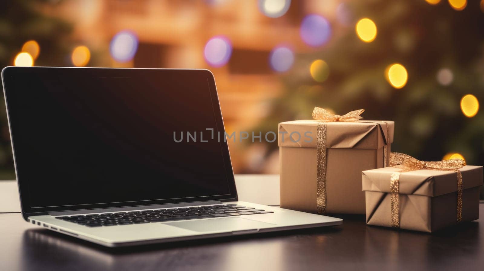 Delivered parcel box on table with laptop blurred home background. Christmas Online shopping. Black Friday sale. by JuliaDorian