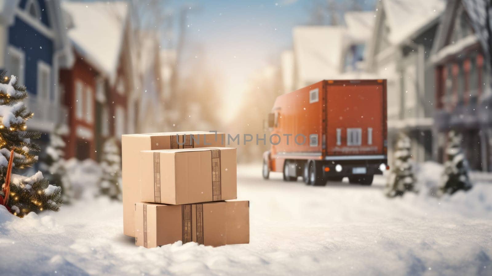 Delivered parcel box on door mat near winter snow entrance. Christmas online shopping. Black Friday sale. by JuliaDorian