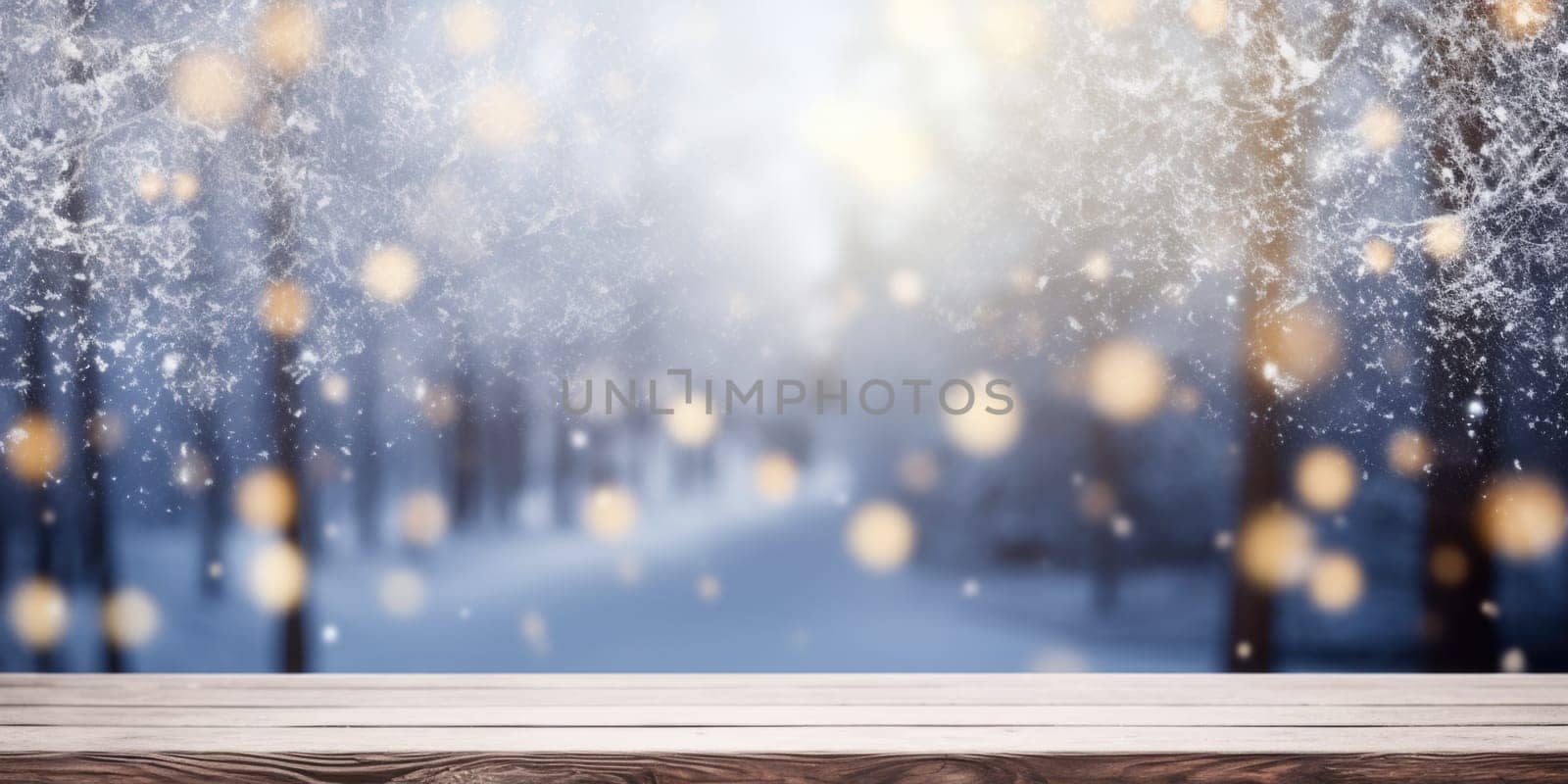 Empty table in beautiful winter landscape, wood plank board in snow mountain outdoor comeliness