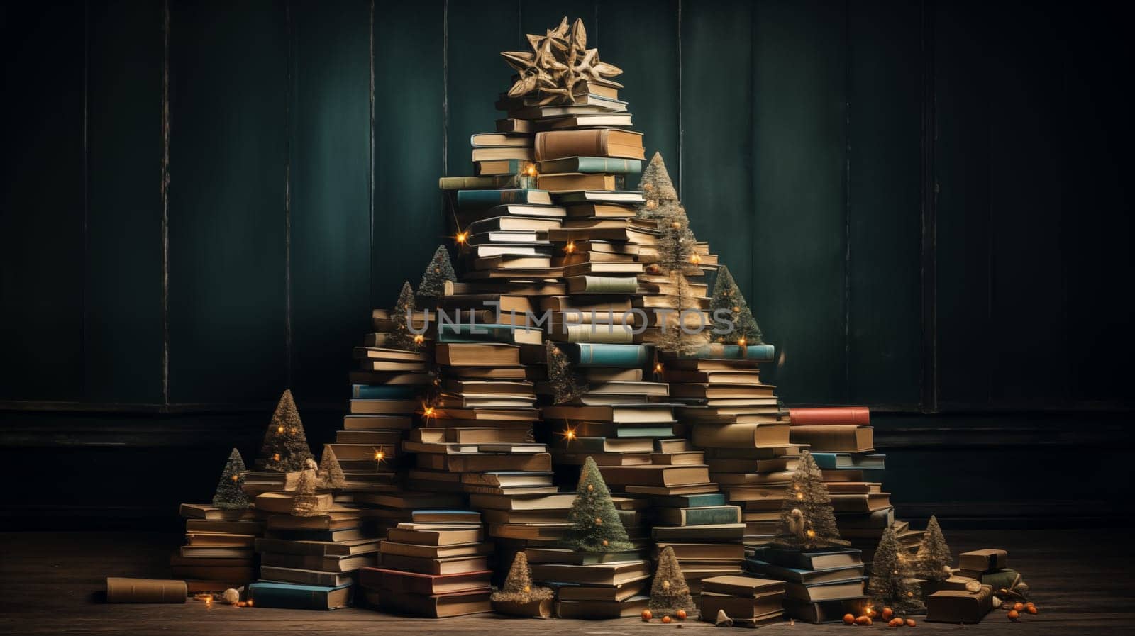 An creative Christmas tree made of books stands on dark background.