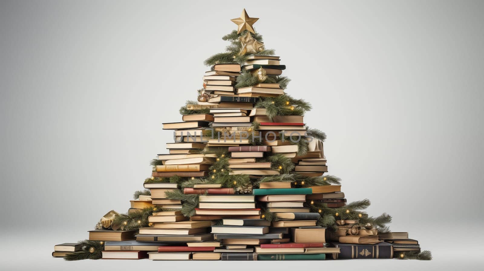 An unusual, creative Christmas tree made of books and fir branches stands on a white background.