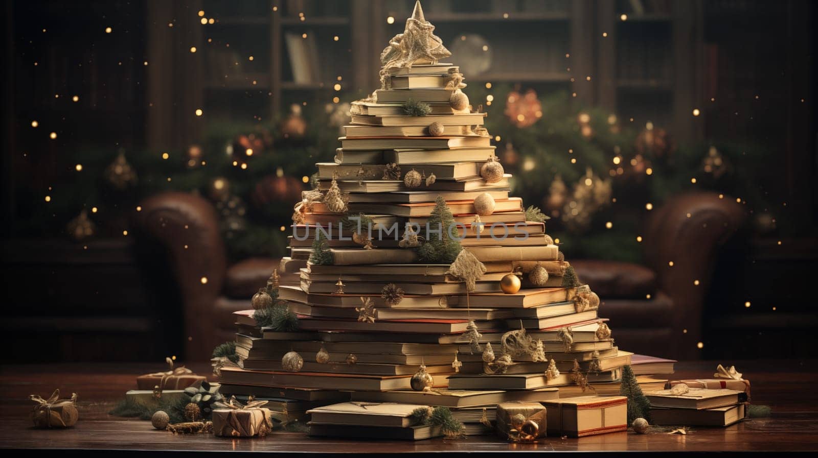 An unusual Christmas tree made of books stands in the living room in the evening