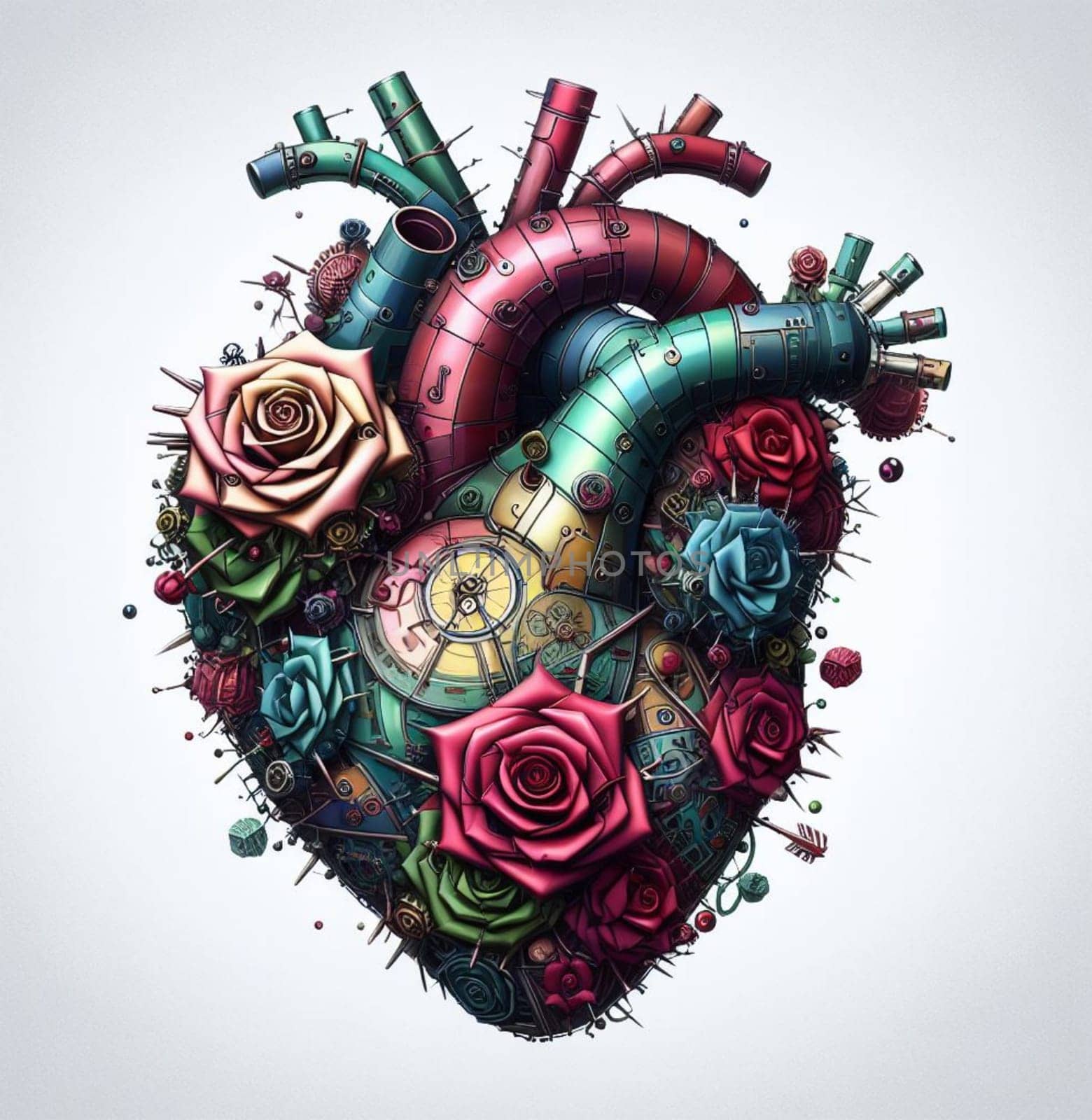 heart themed illustration shaped with flowers branches thorns by verbano