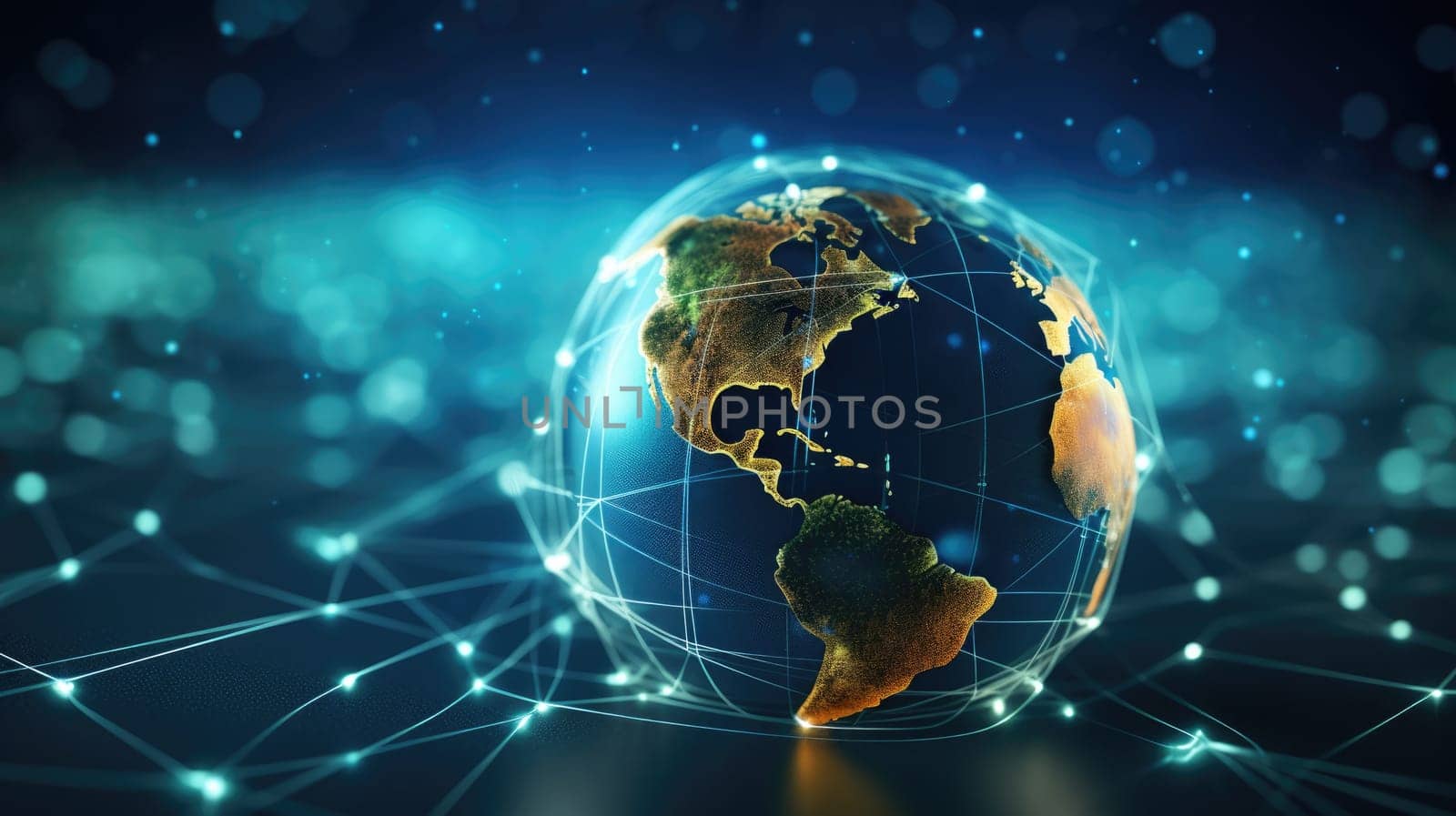 Communication technology with connections around globe Earth showing concept of Internet, IoT, cyberspace, global business, innovation, big data science, digital finance, blockchain.