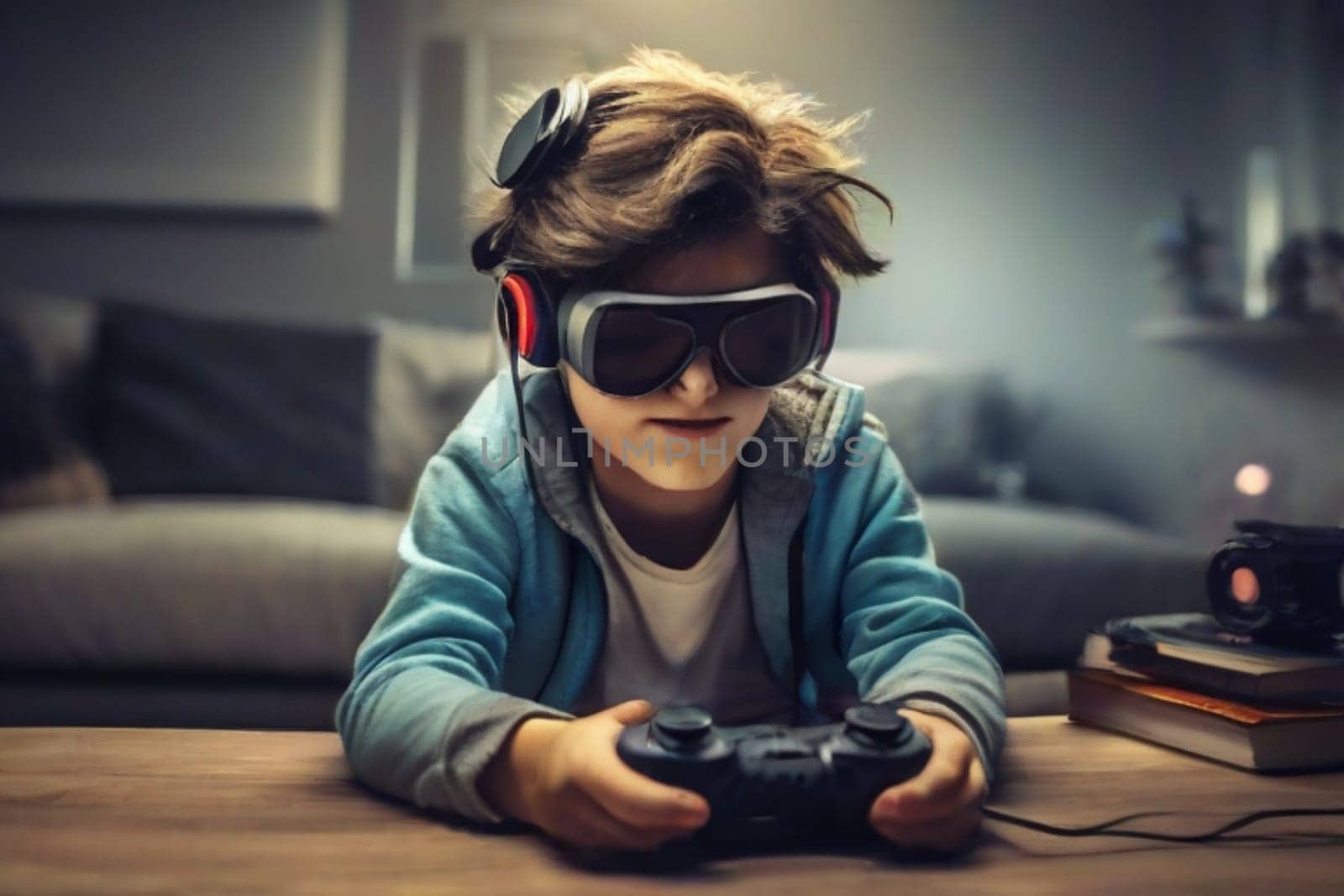 teenager at home play virtual online game in metaverse wear googles use joystick remote control by verbano