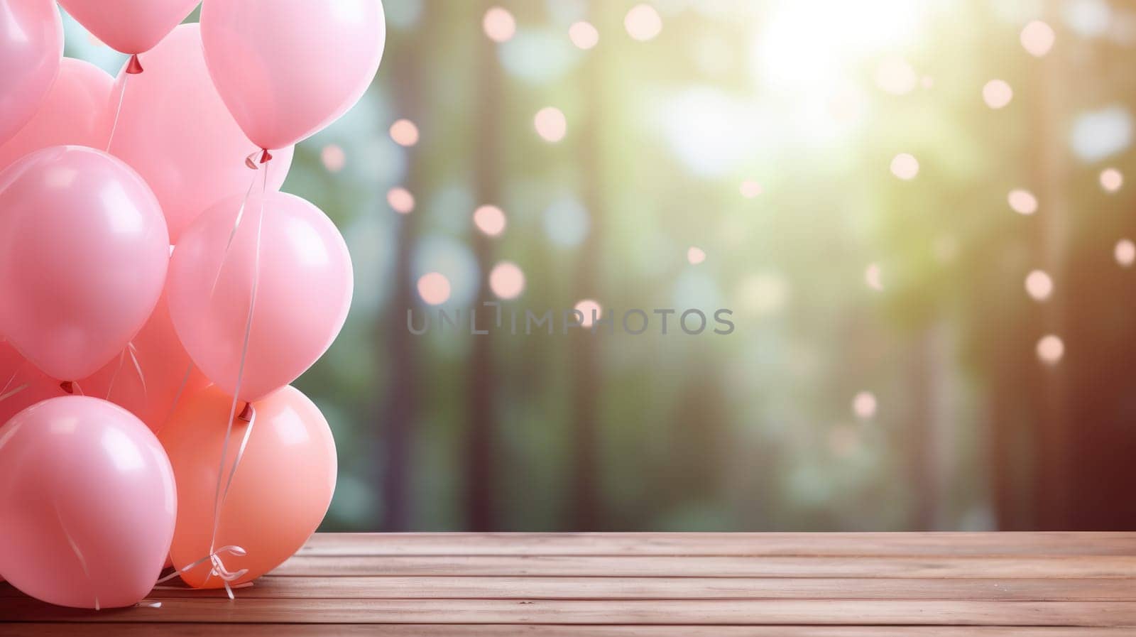 Wooden table in the foreground. Blurred forest background with pink balloons by natali_brill