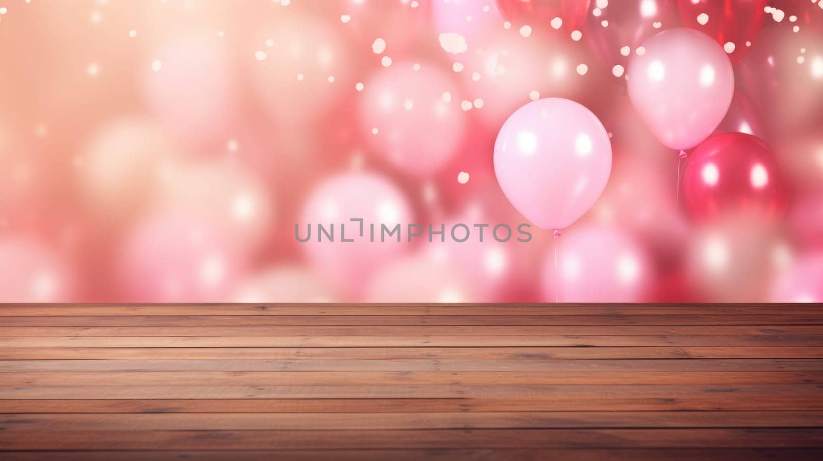 Empty wooden table in the foreground. Blurred background with pink balloons AI