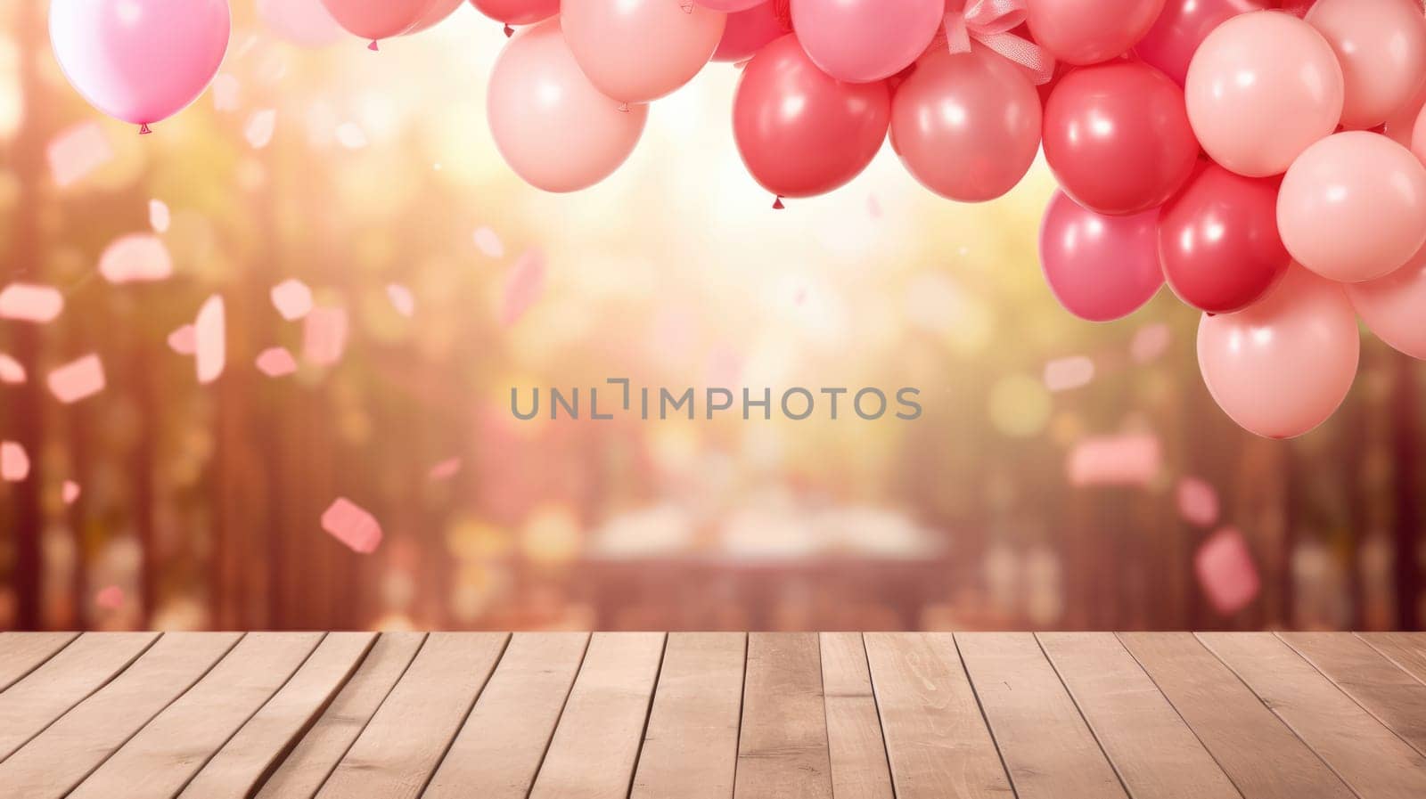Empty wooden table in the foreground. Blurred background with pink balloons AI