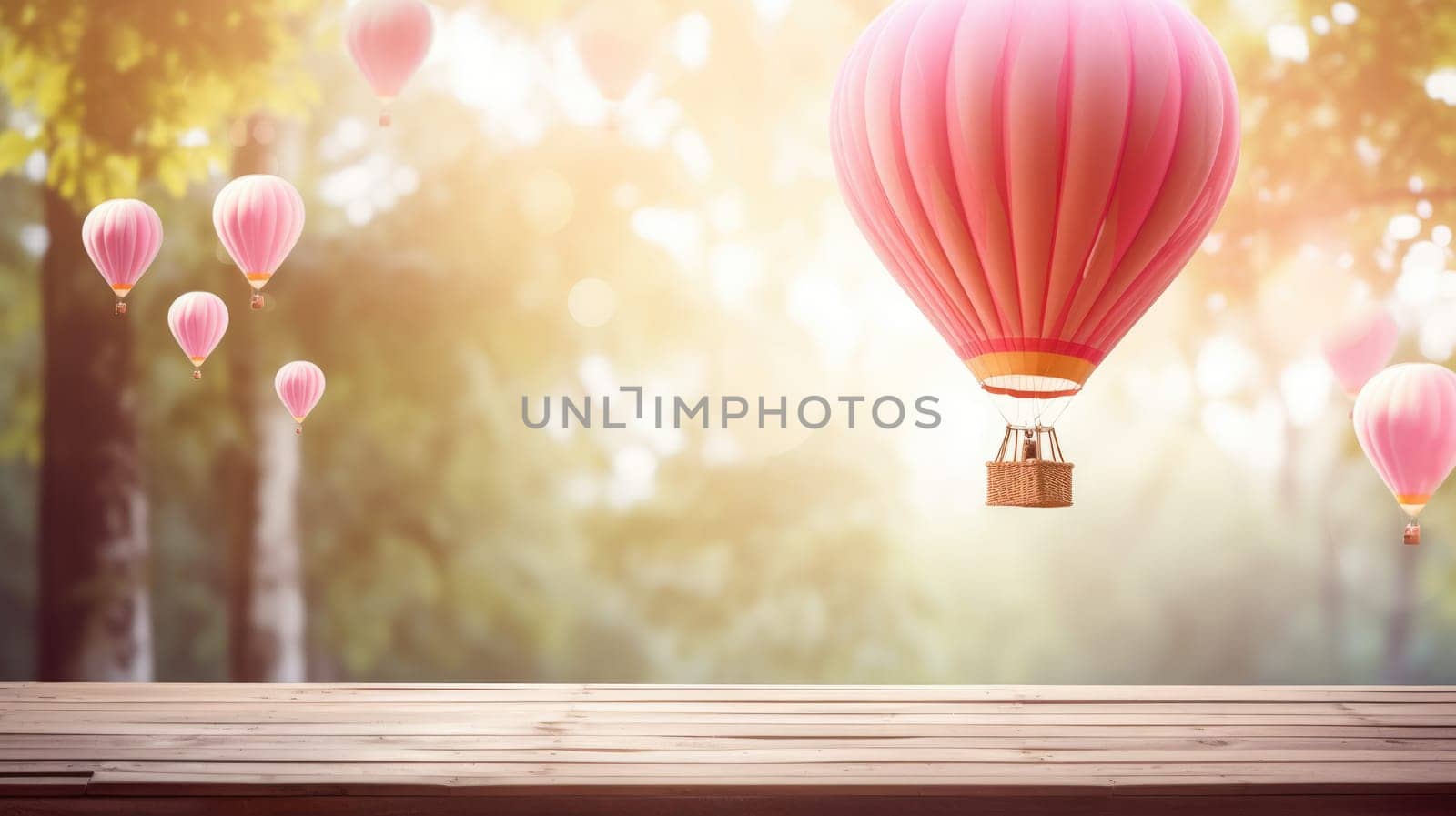 Wooden table in the foreground. Blurred background with pink air balloons AI