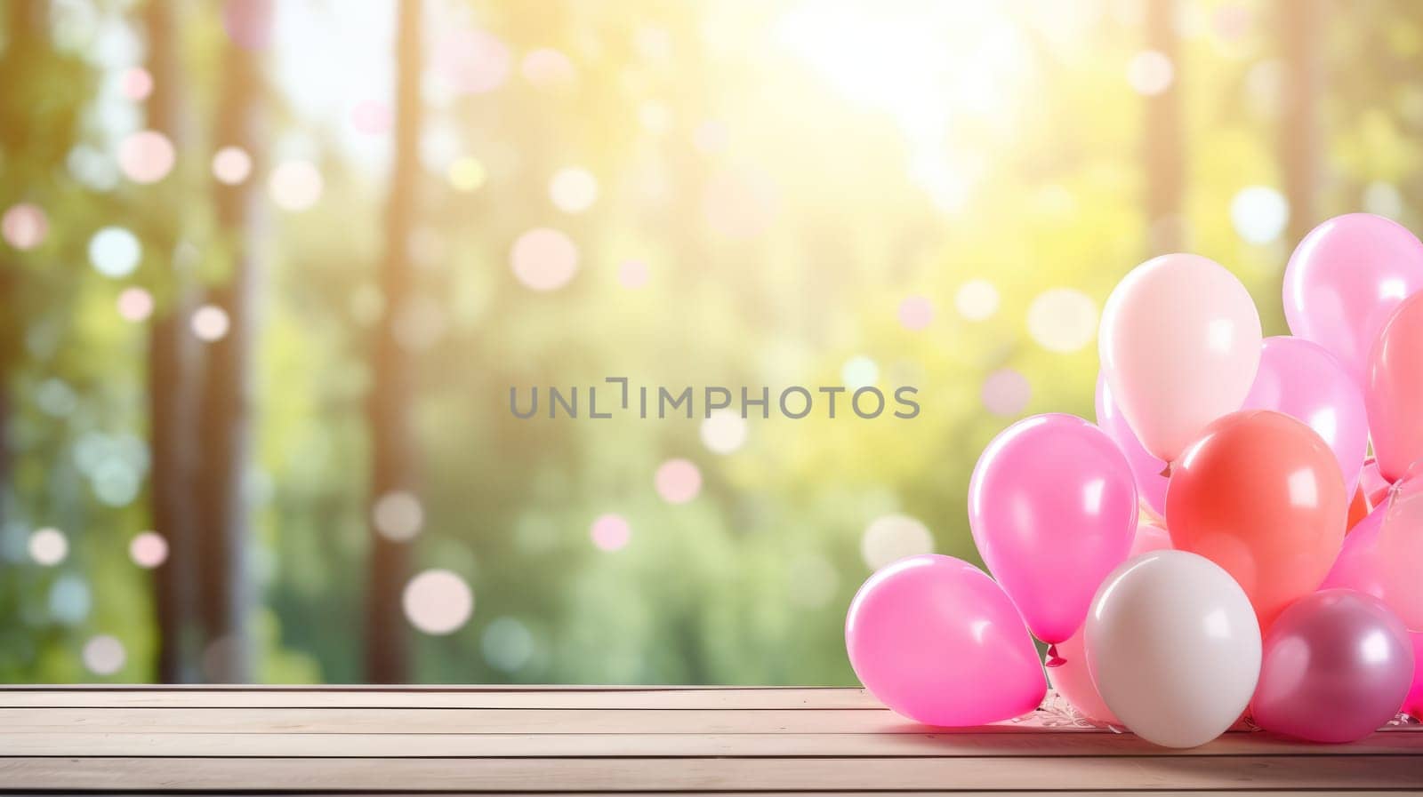 Wooden table in the foreground. Blurred forest background with pink balloons by natali_brill