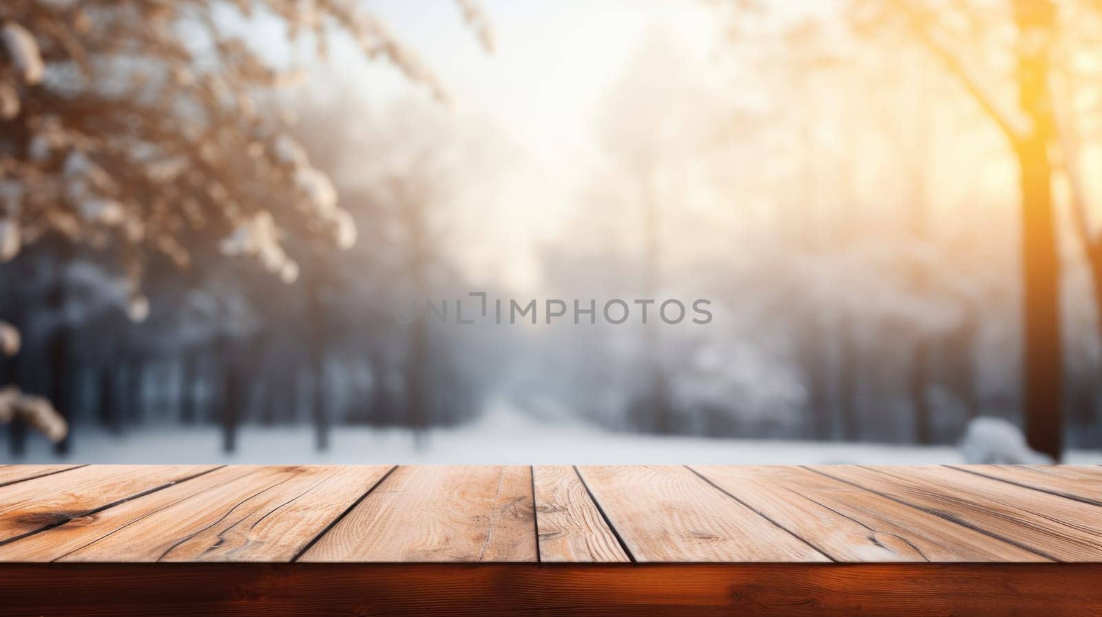 Empty wooden table in the foreground. Winter blurred background Shiny bokeh AI