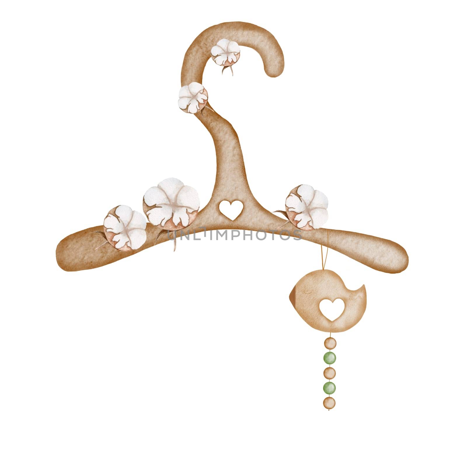 Watercolor drawing of a cute wooden hanger decorated with cotton flowers with a rattle. Pretty illustration for baby shower invitations and cards and for the birth of a baby.