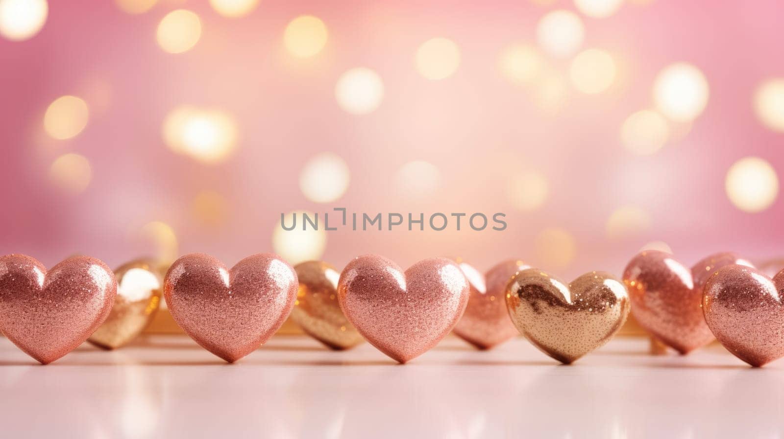 Golden hearts on a pink background. Happy Valentine Day wedding. Bokeh lights by natali_brill