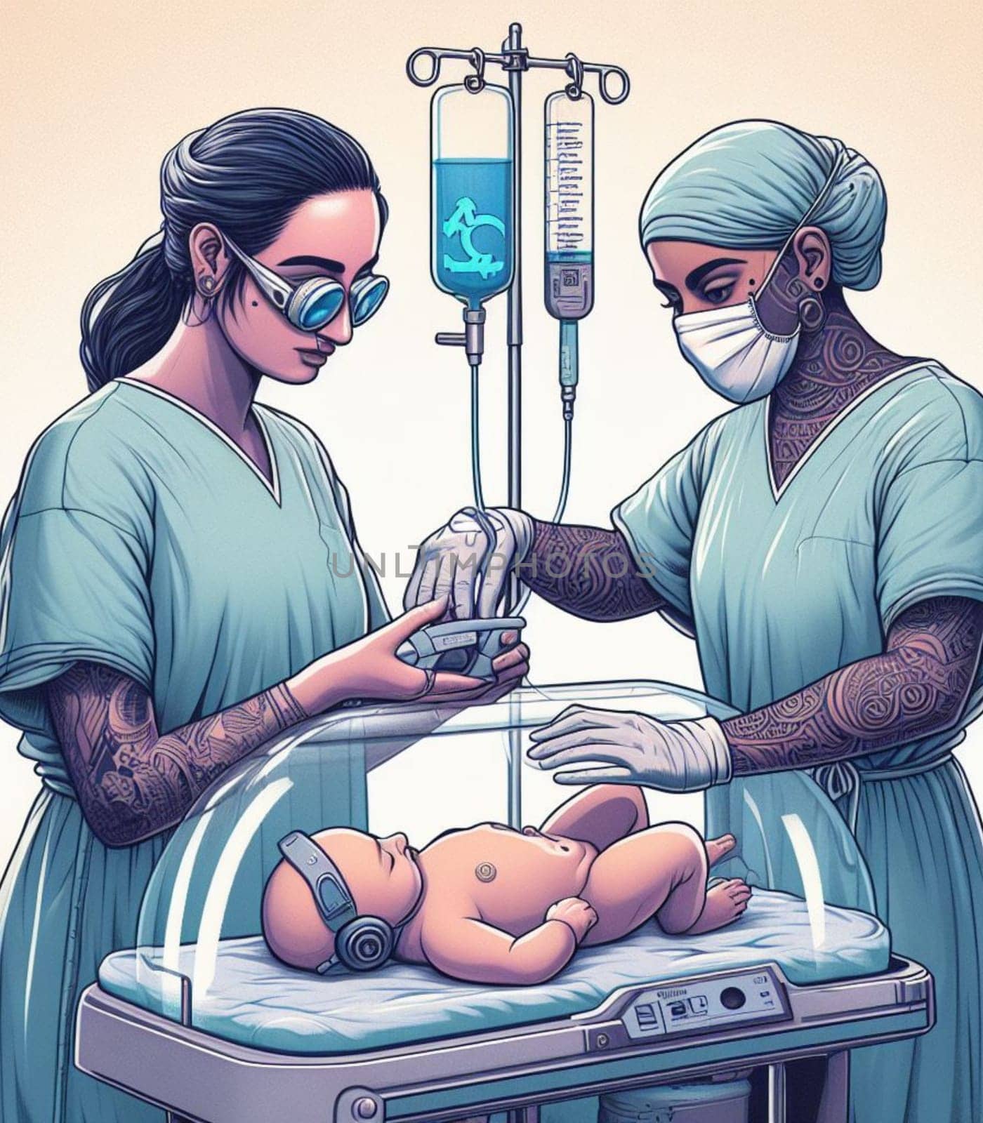 illustration depicting medical staff people at the hospital take care of newborn baby ai generated