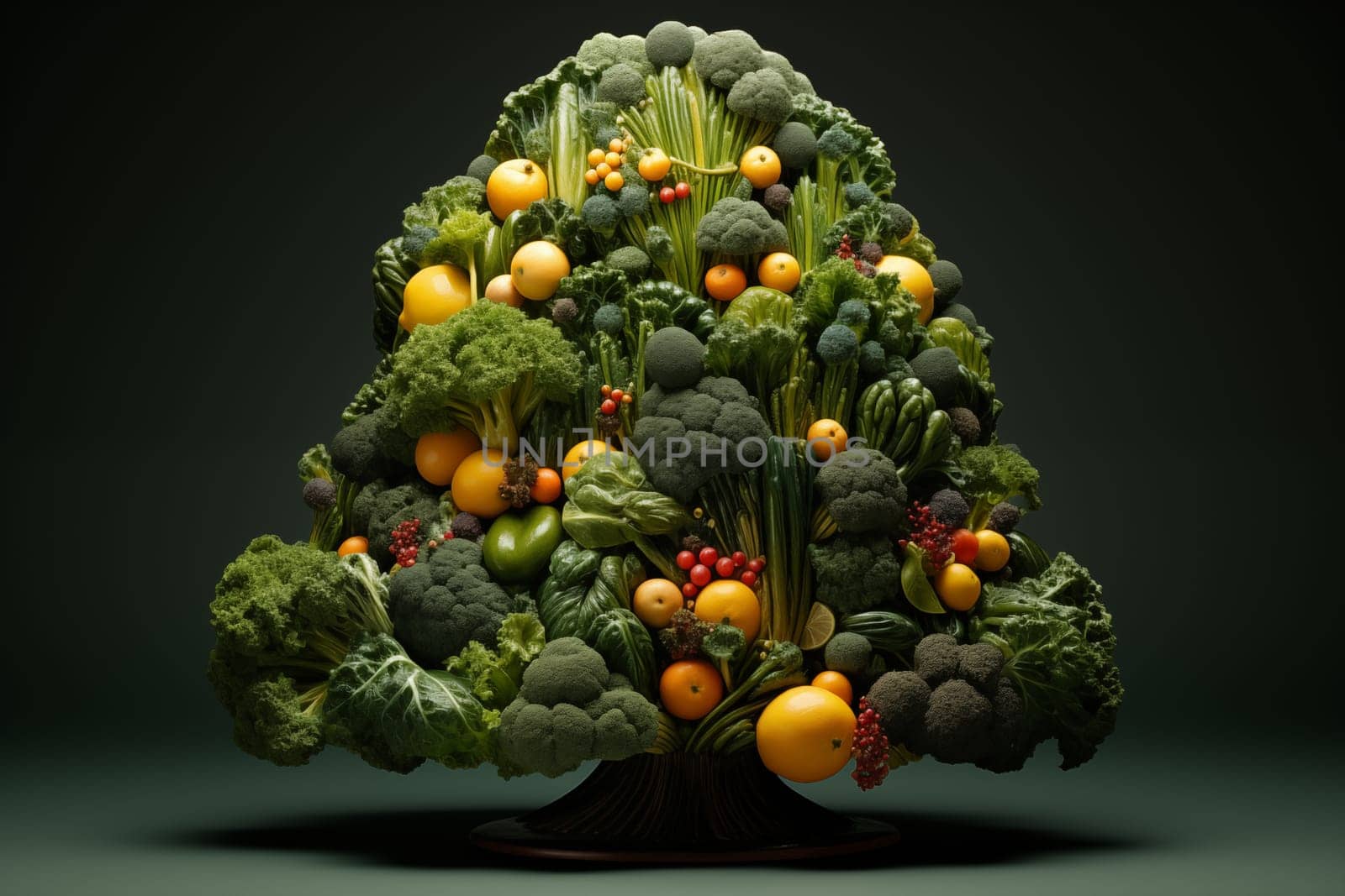 A pile of green vegetables in the form of a pyramid, a conceptual Christmas tree, on dark background