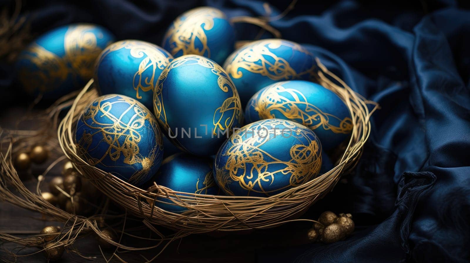 Beautiful easter eggs gold and blue AI
