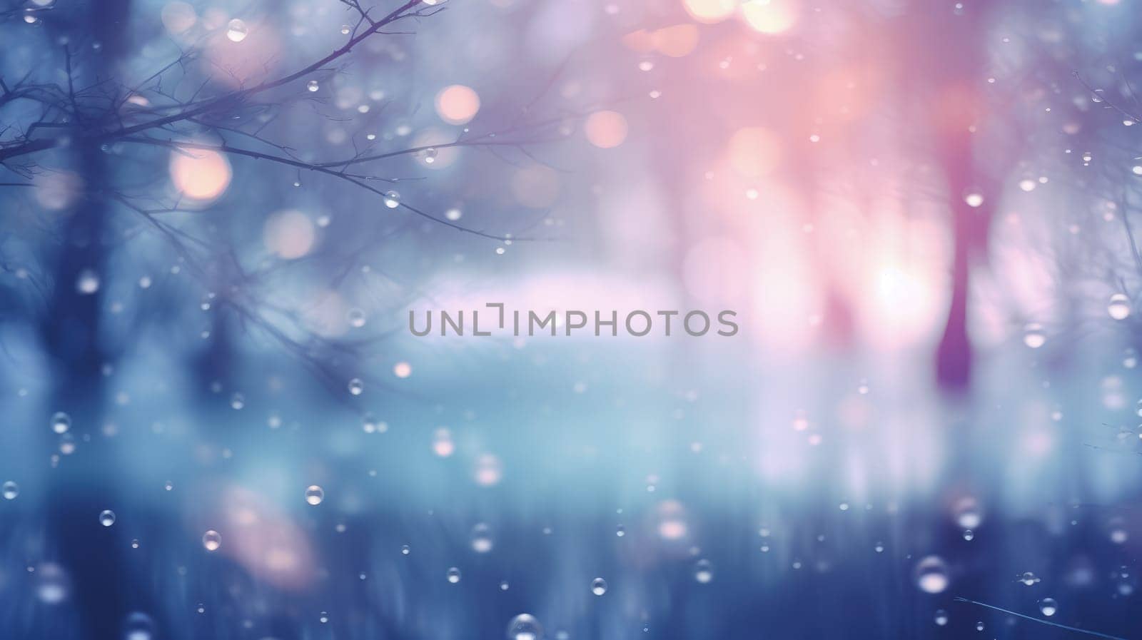 Winter nature snowfall background with copy space. Blurred winter forest AI