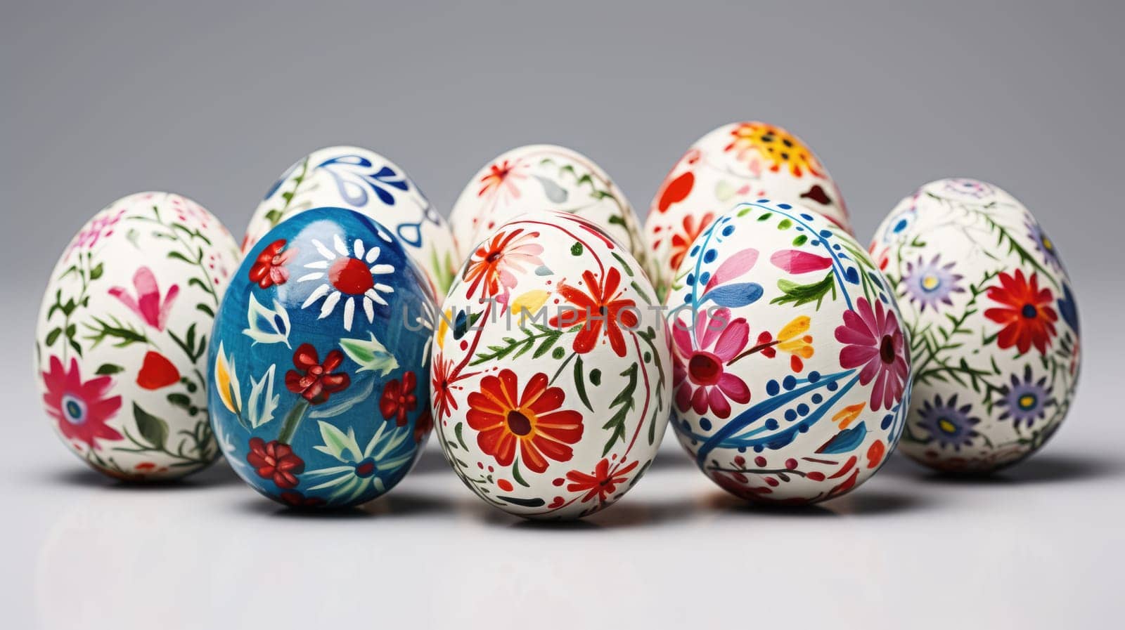 Beautiful painted easter eggs on white. Festive background AI