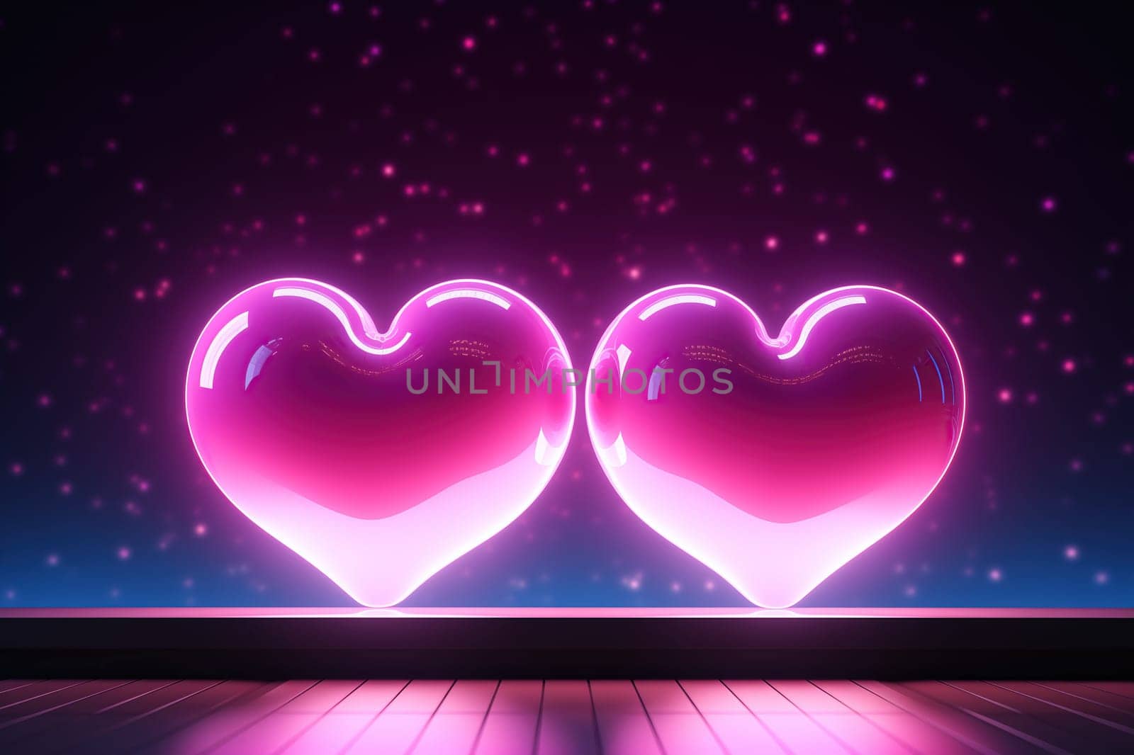Two large pink hearts with a neon glow on a blue background. Valentine's Day concept. Generated by artificial intelligence by Vovmar