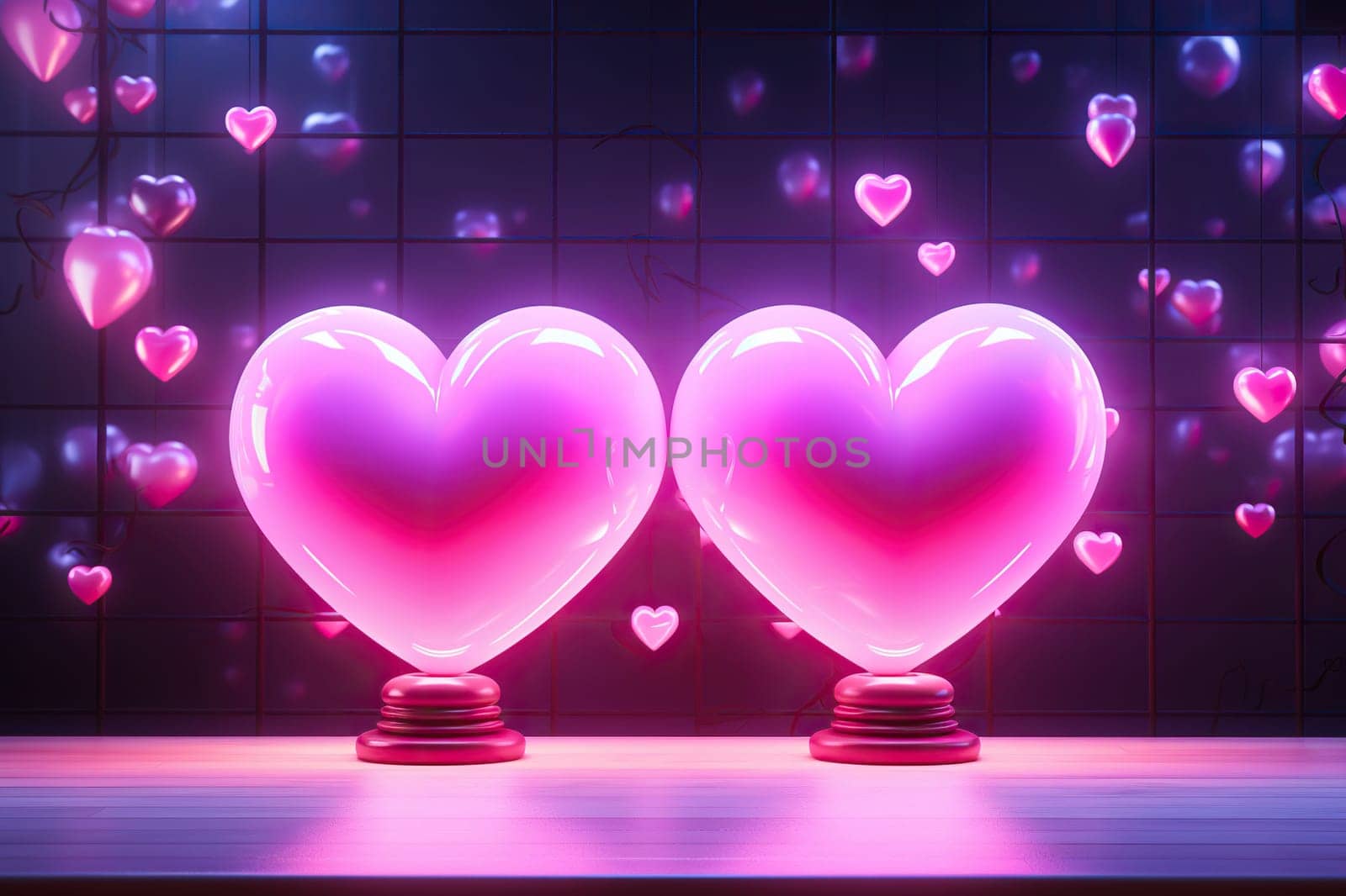 Two bright large pink hearts on stands. Valentine's Day concept. Generated by artificial intelligence by Vovmar