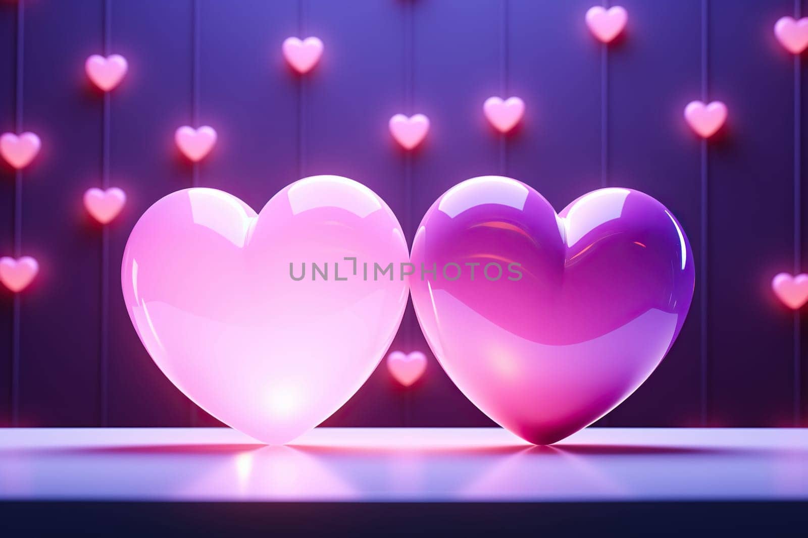 Pink and purple hearts with neon glow.