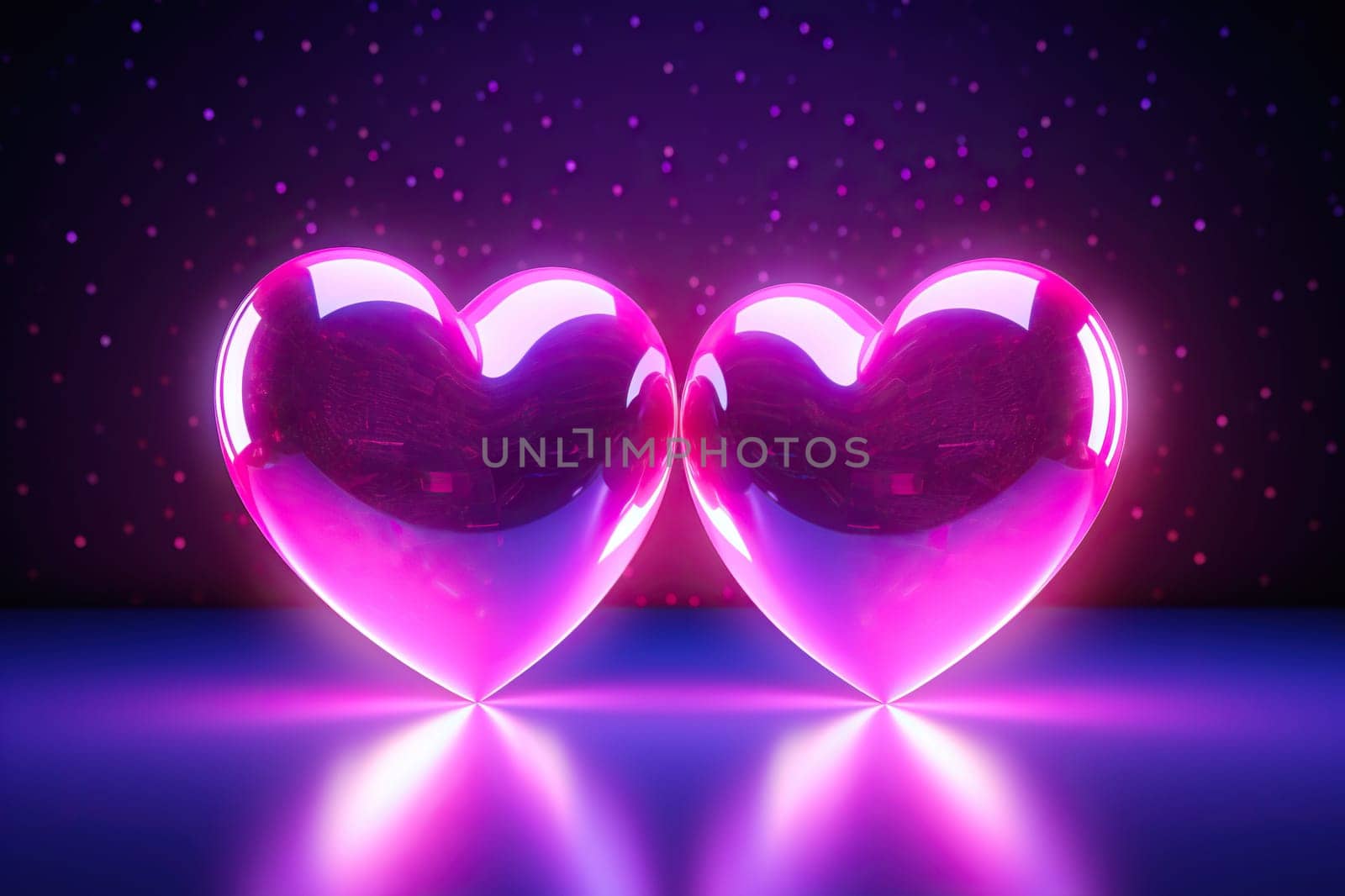 Two large bright pink hearts with a neon glow on a blue background. Valentine's Day concept. Generated by artificial intelligence by Vovmar