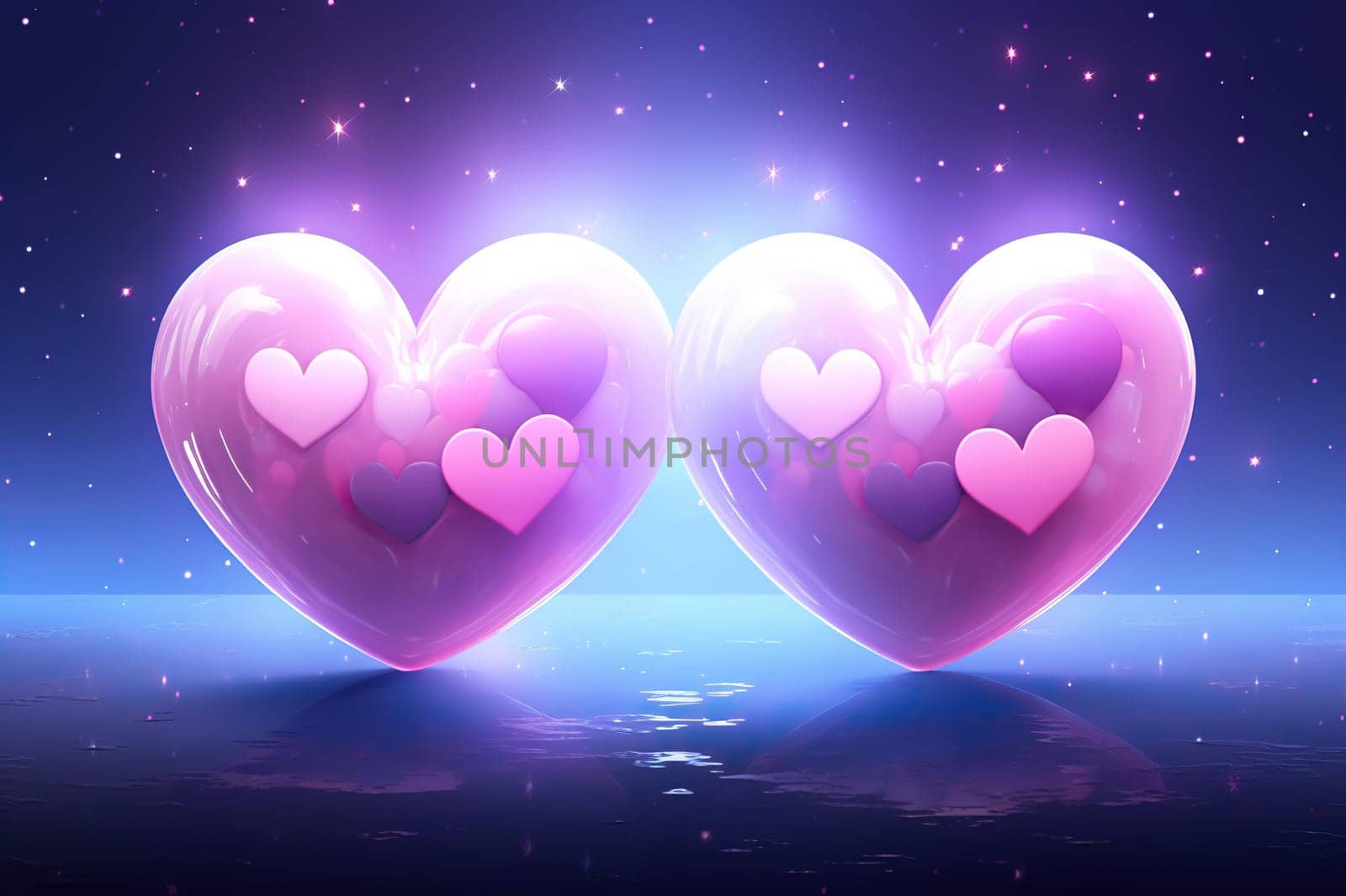 Two beautiful glowing pink hearts on a blue background. Generated by artificial intelligence by Vovmar