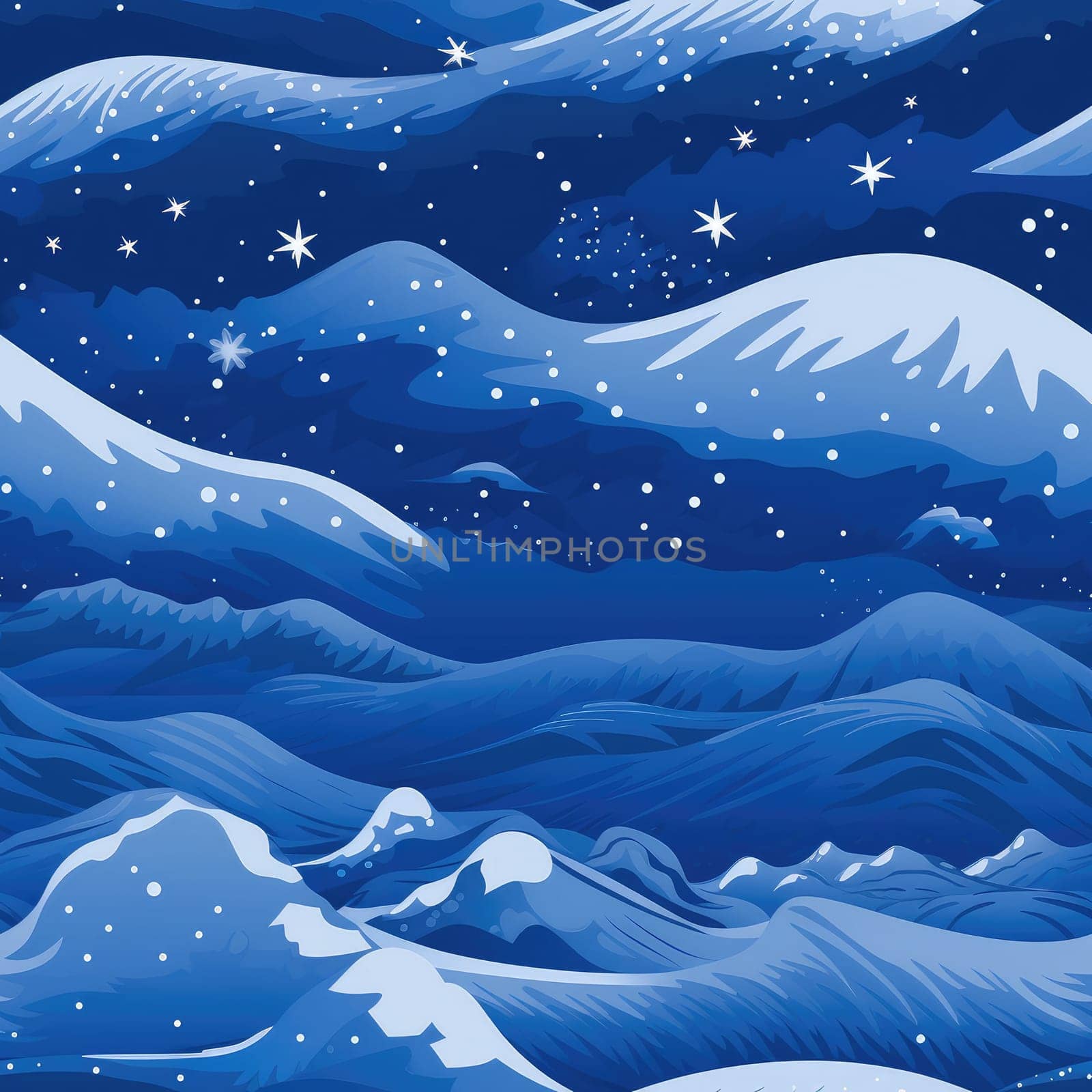 Seamless background of a winter wonderland with snow and christmas trees. Illustration in a whimsical art style. Magical winter landscape. 
