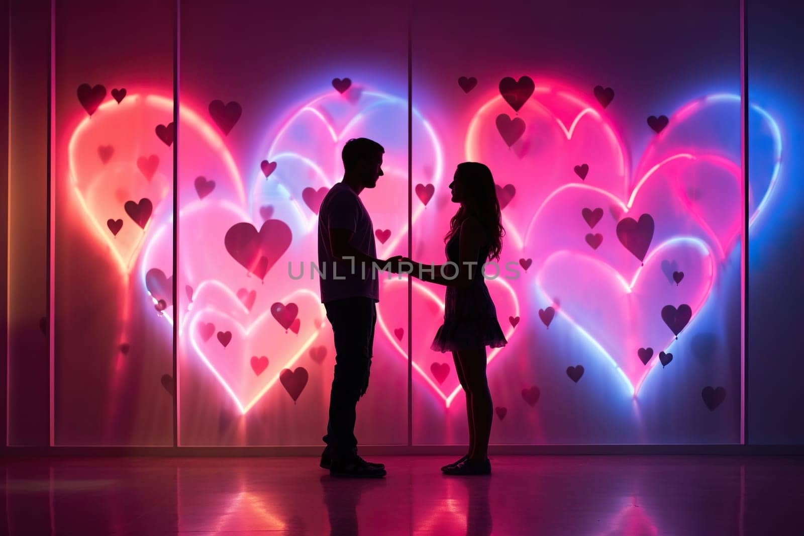 Silhouette of a couple in love on a neon background. Valentine's Day concept. Generated by artificial intelligence by Vovmar