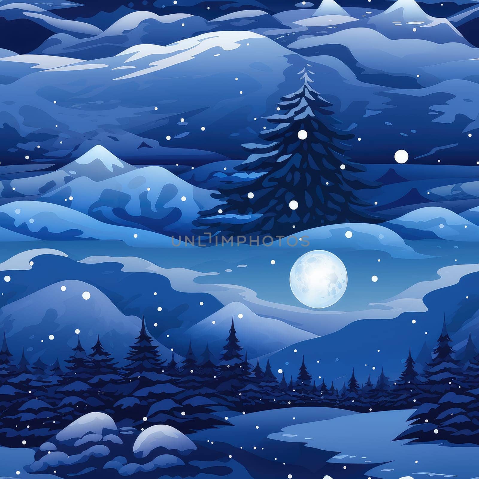 Seamless background of a winter wonderland with snow and christmas trees. Illustration in a whimsical art style. Magical winter landscape. 