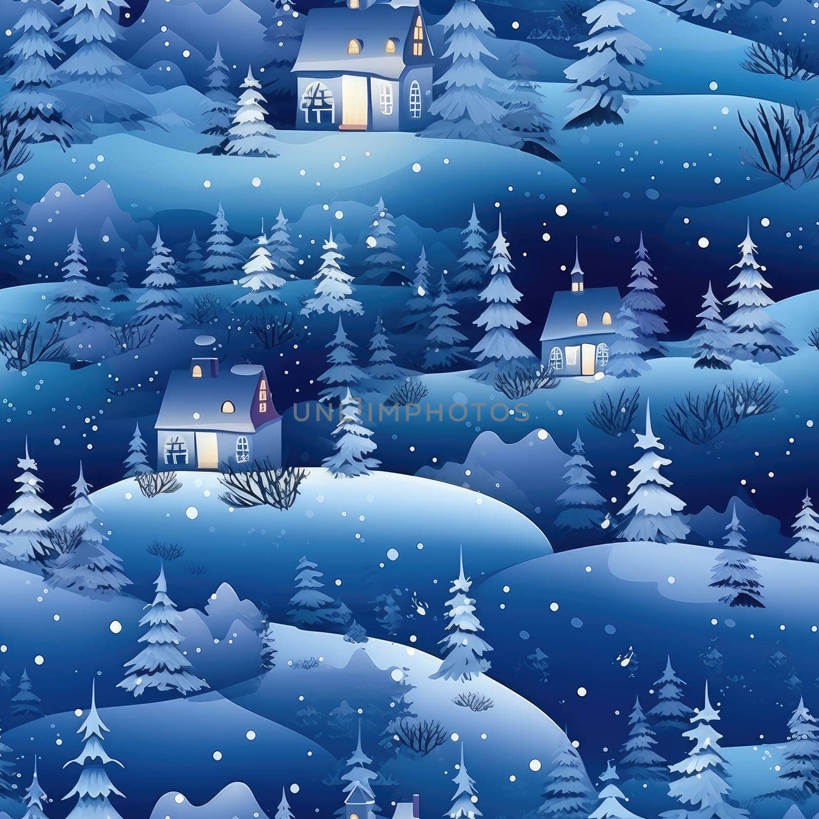 Seamless background of a winter wonderland with snow and christmas trees. Illustration in a whimsical art style. Magical winter landscape. 