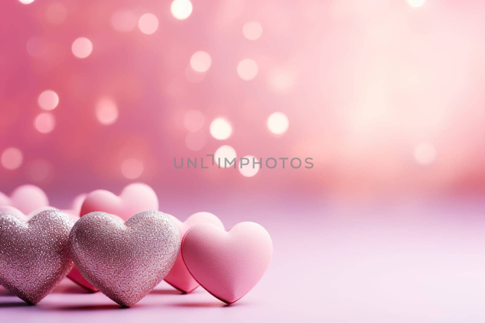 Beautiful greeting background with hearts on a bokeh background. Valentine's Day concept. Generated by artificial intelligence by Vovmar