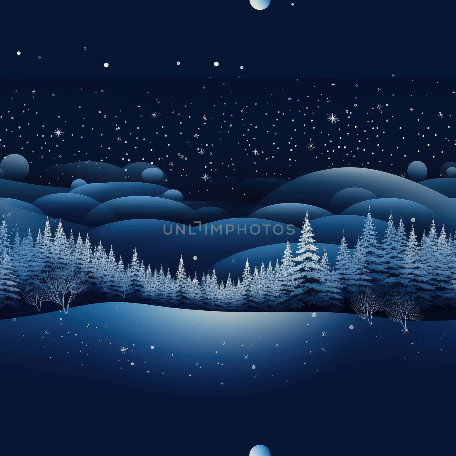 Seamless background of a winter wonderland with snow and christmas trees. Illustration in a whimsical art style. Magical winter landscape. 