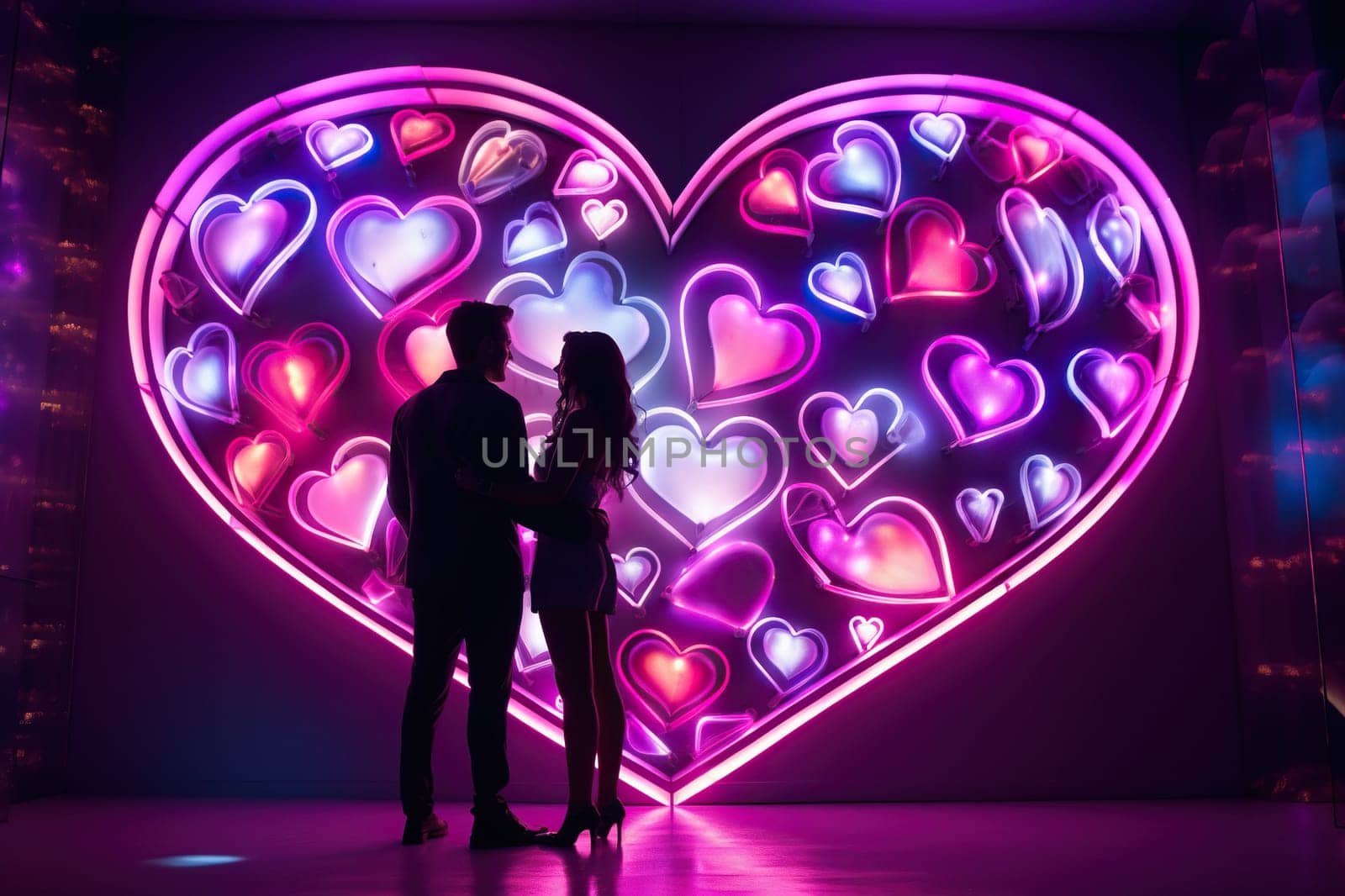 Silhouette of a couple in love against the background of a big heart. Generated by artificial intelligence by Vovmar