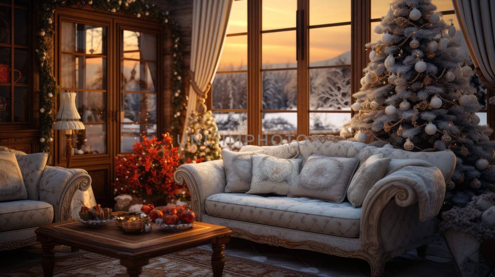 Interior of a cozy country house with a white sofa, a silver Christmas tree and a large window.