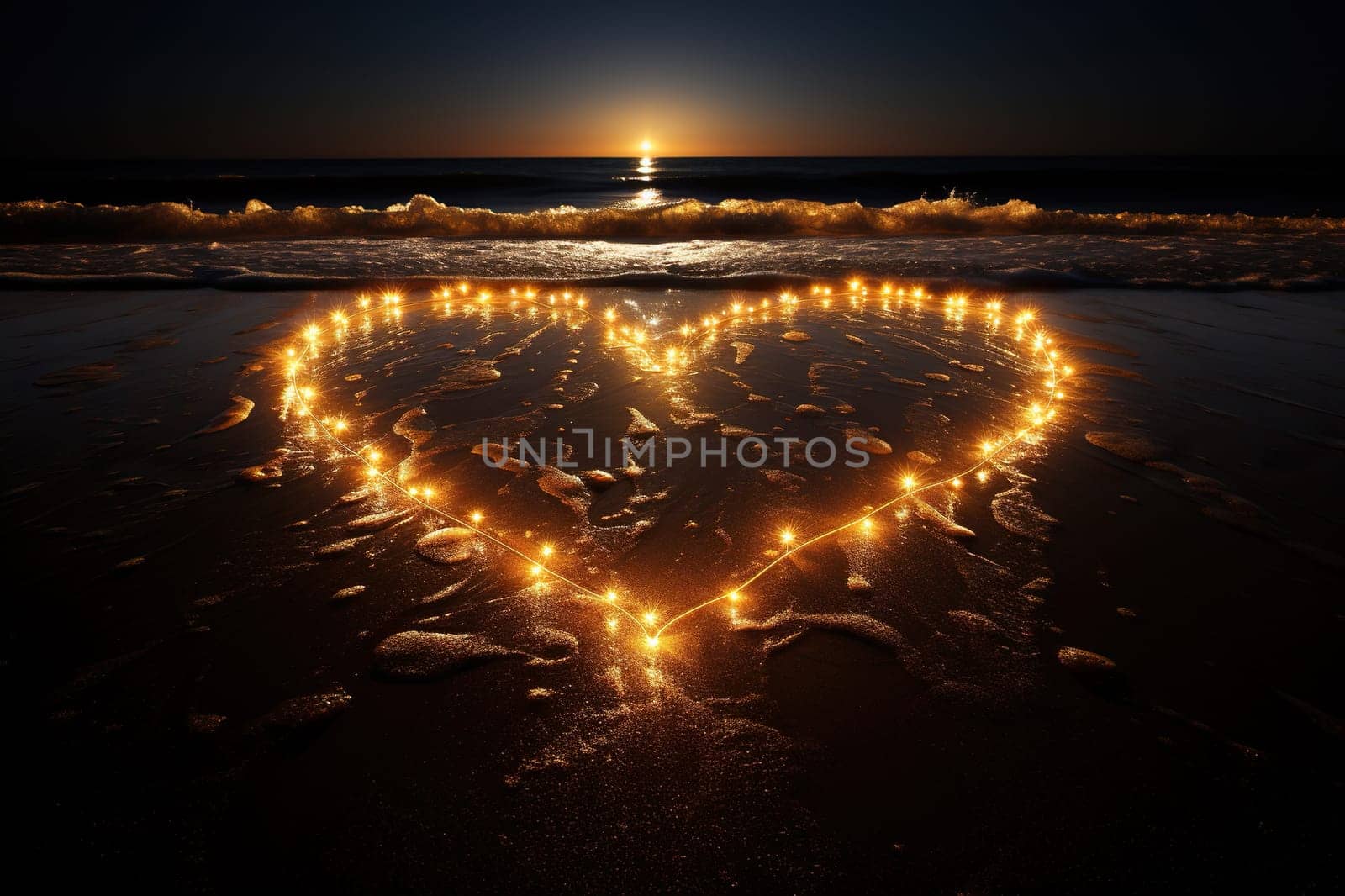 Heart shape made of lights on the beach at sunset. Generated by artificial intelligence by Vovmar