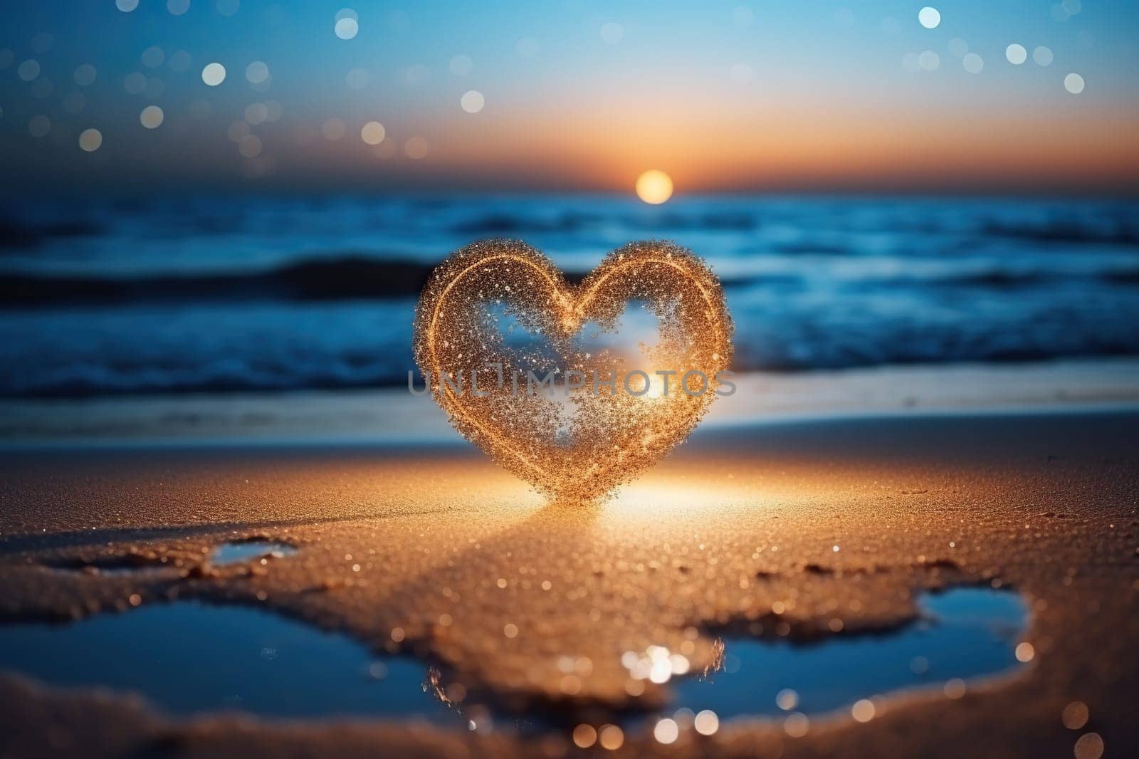 Heart on the sand on a blurred sea background, bokeh. Romantic landscape. Generated by artificial intelligence by Vovmar