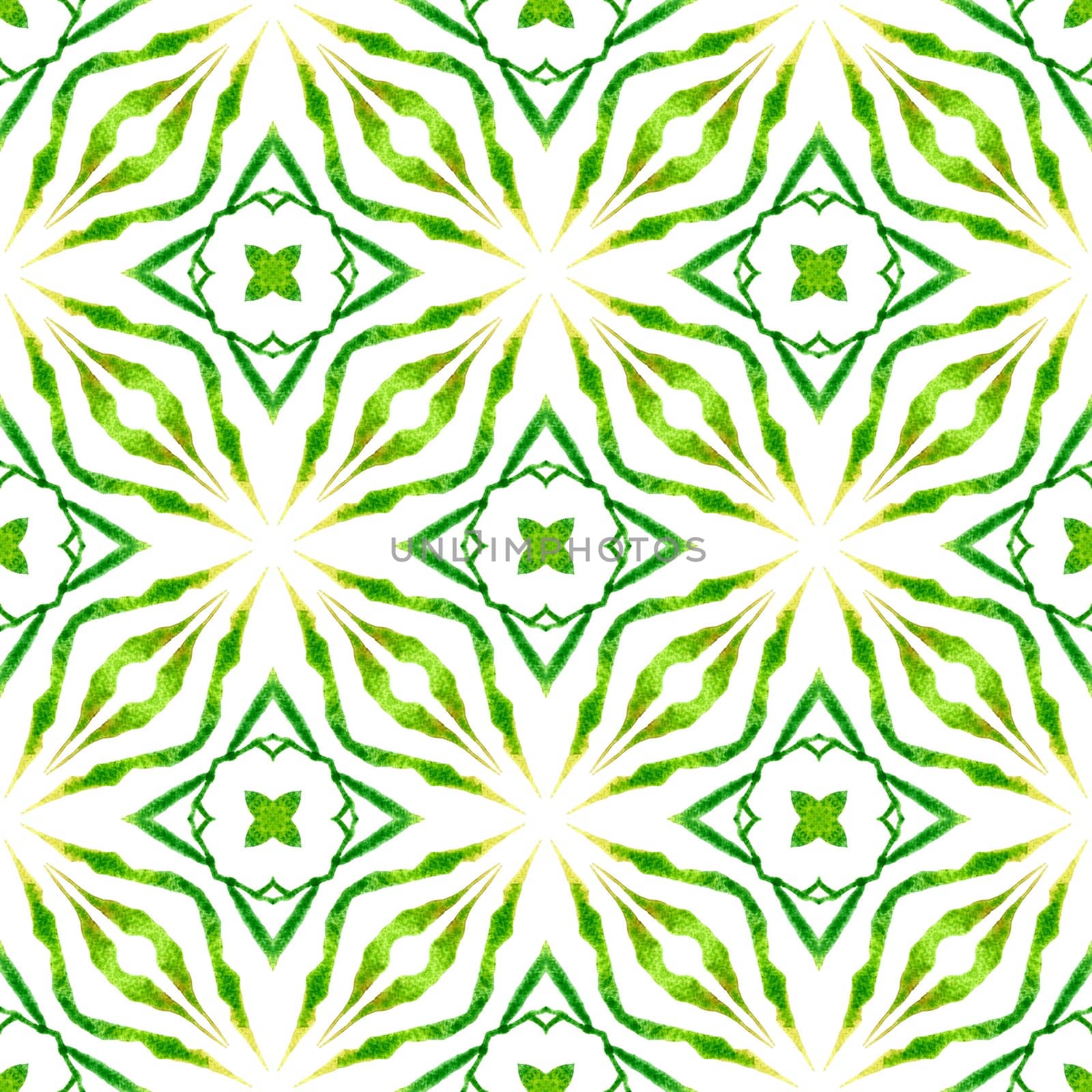 Textile ready overwhelming print, swimwear fabric, wallpaper, wrapping. Green ravishing boho chic summer design. Hand painted tiled watercolor border. Tiled watercolor background.