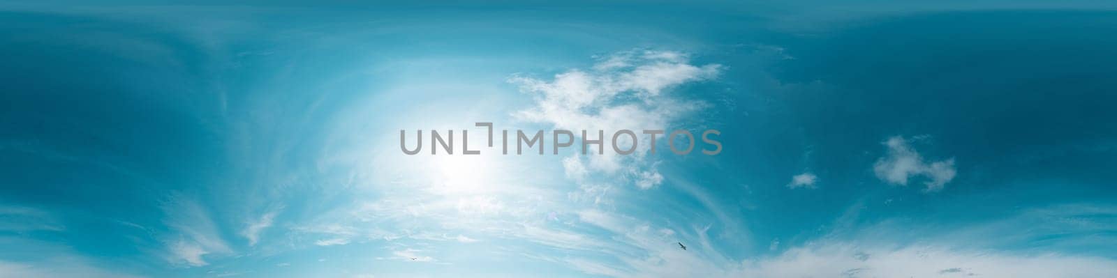 blue summer sky panorama with Cirrus clouds. Seamless hdr spherical 360 panorama. Sky dome in 3D visualization, sky replacement for aerial drone 360 panoramas. Climate and weather change. by panophotograph