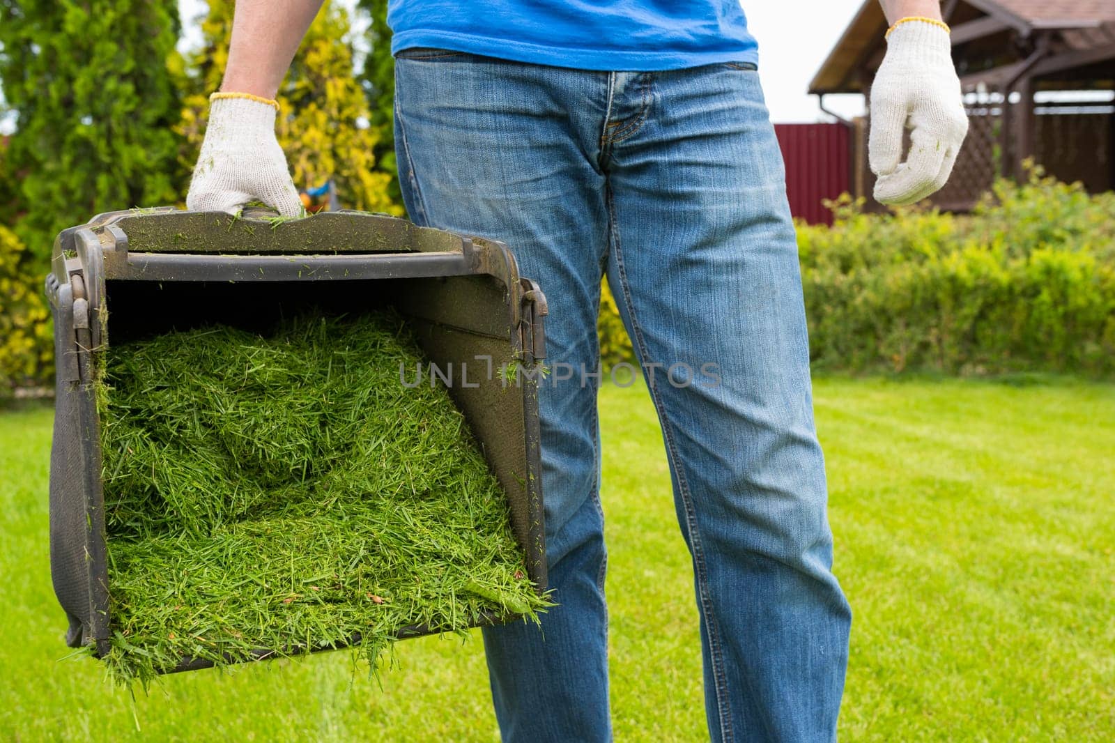 A container of mowed grass and a worker close-up. Housework.