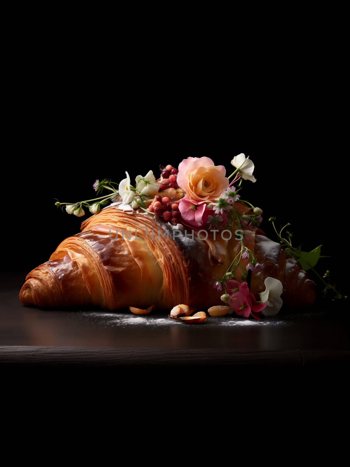 Delicious croissant with beautiful assorted flowers on black background. French traditional food concept with copy space