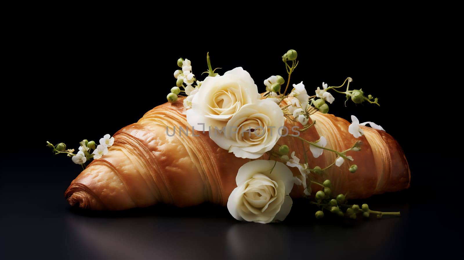 Tasty croissant with beautiful white flowers on black background. French traditional food concept