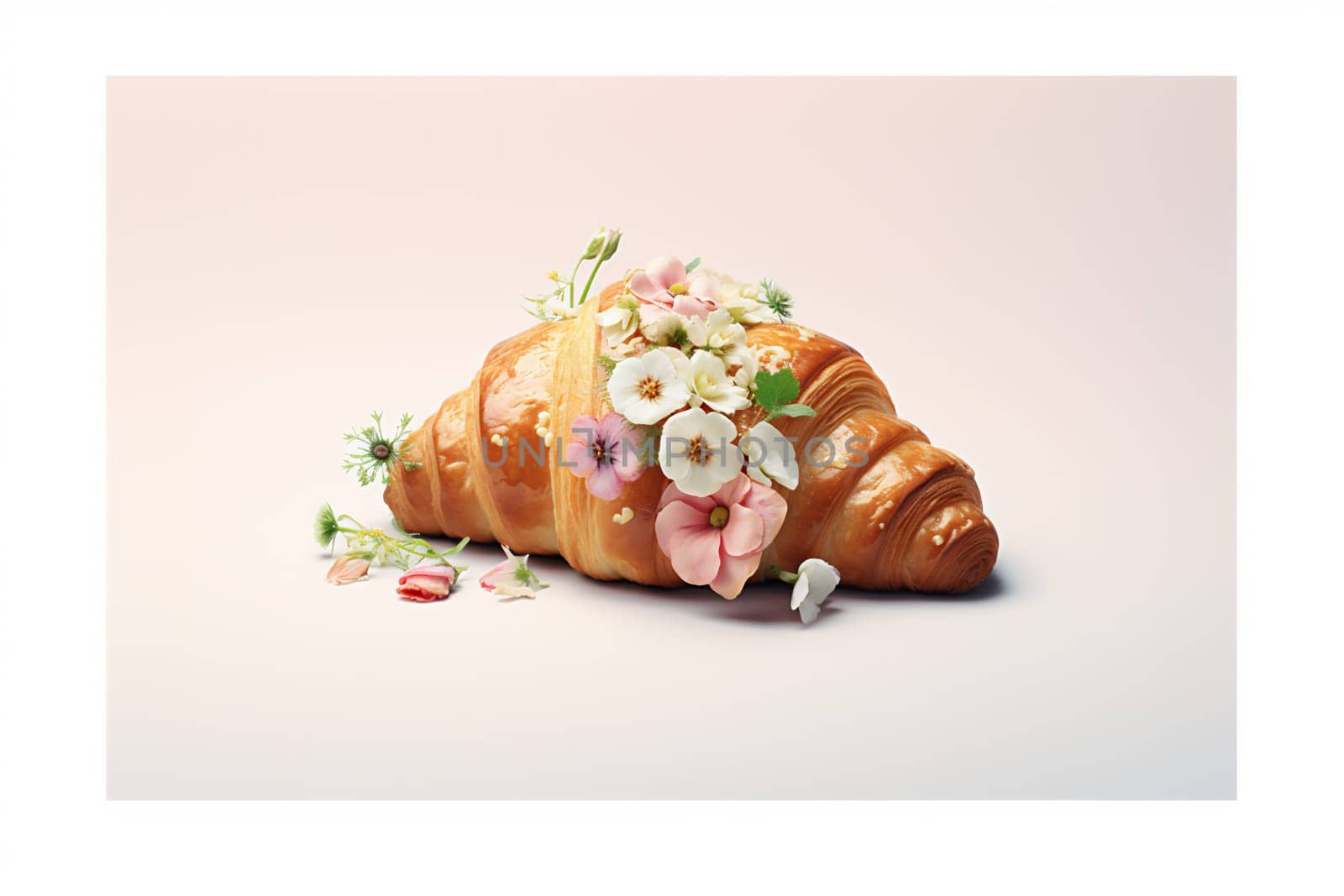 Tasty croissant with beautiful flowers on pink background by IrynaMelnyk