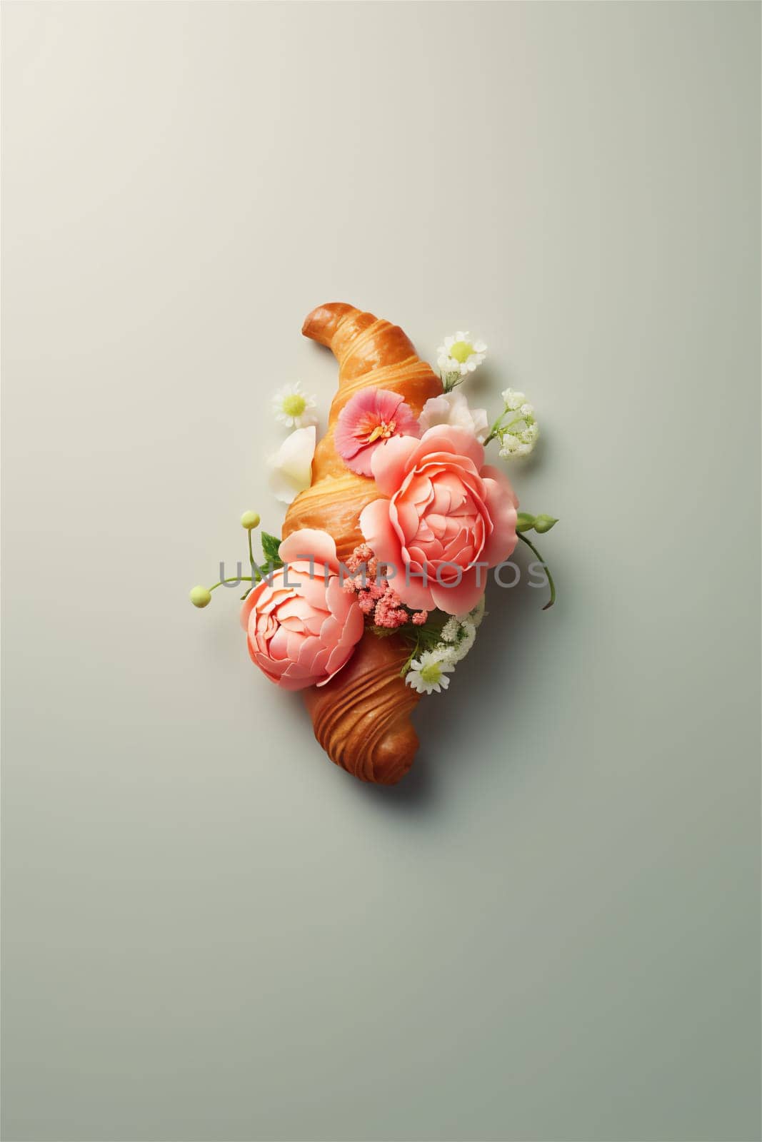 Delicious croissant with spring flowers on gray background. French traditional food concept with copy space. View from above