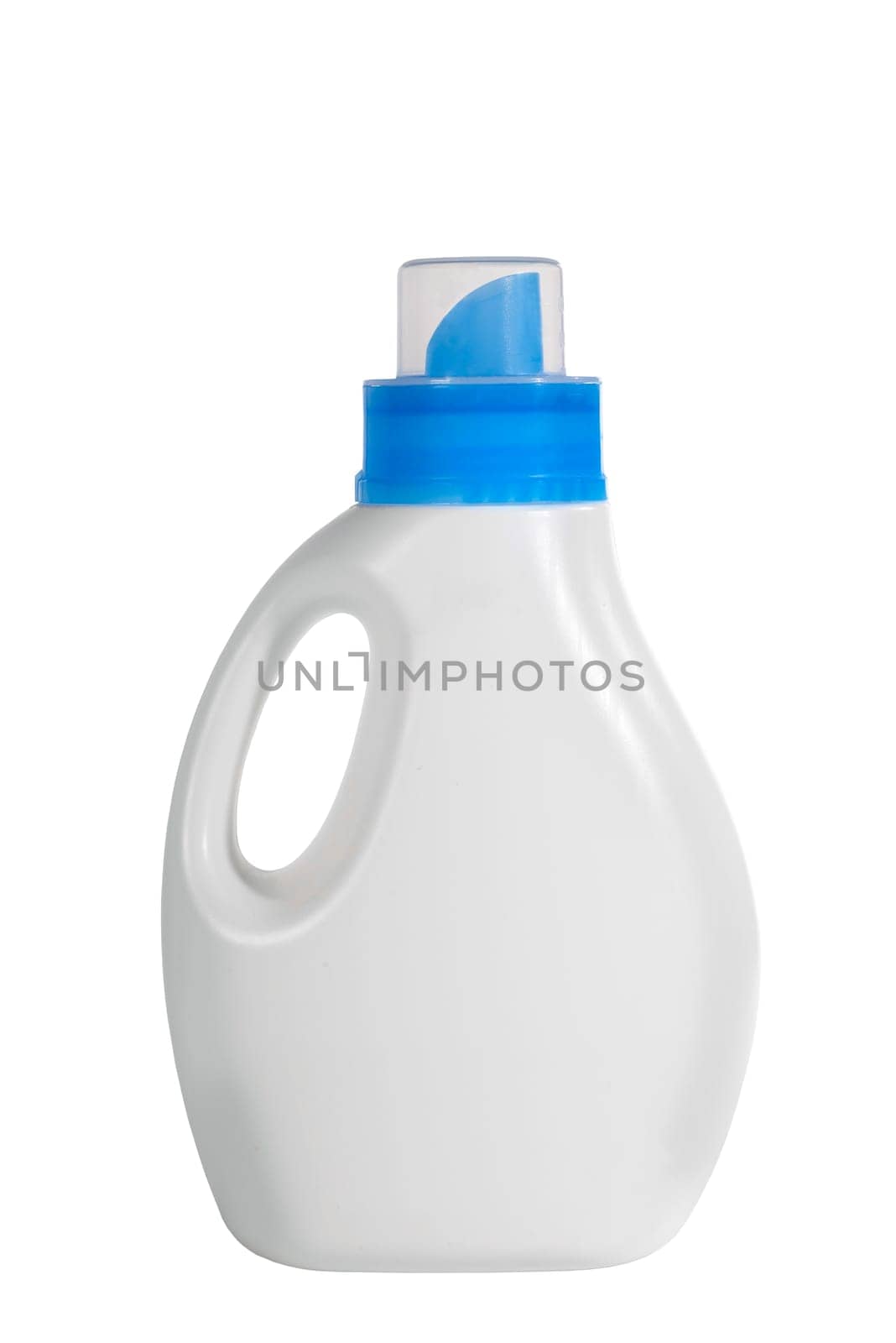 White plastic bottle blue cap isolated on white. Bottle with detergent. Cleaning concept.