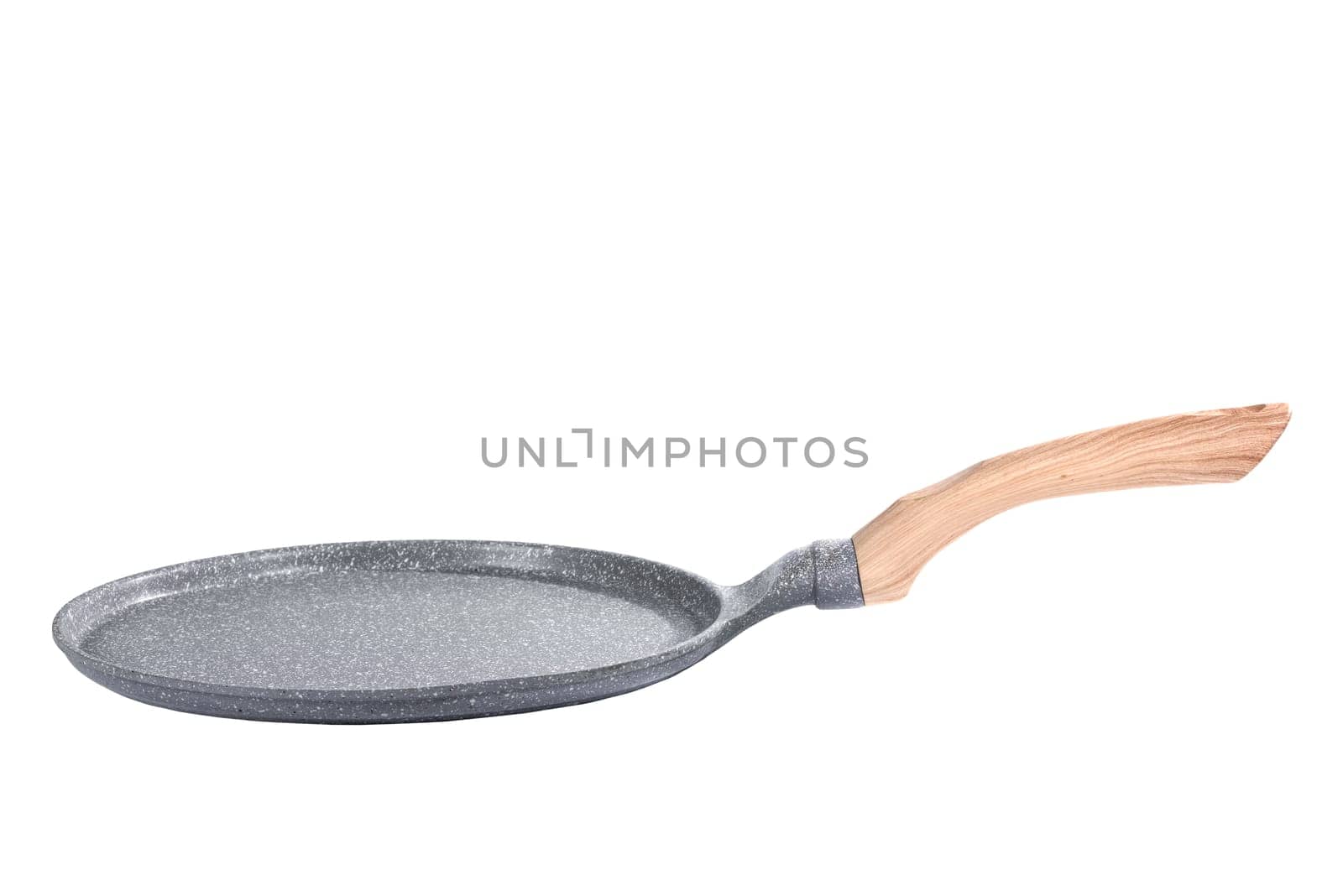 Round cast-iron pancake frying pan isolated on white.