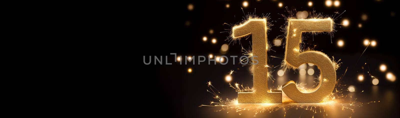 Golden sparkling number fifteen on black background. Symbol 15. Invitation for a fifteenth birthday party or business anniversary. Banner with copy space for text. Generative AI