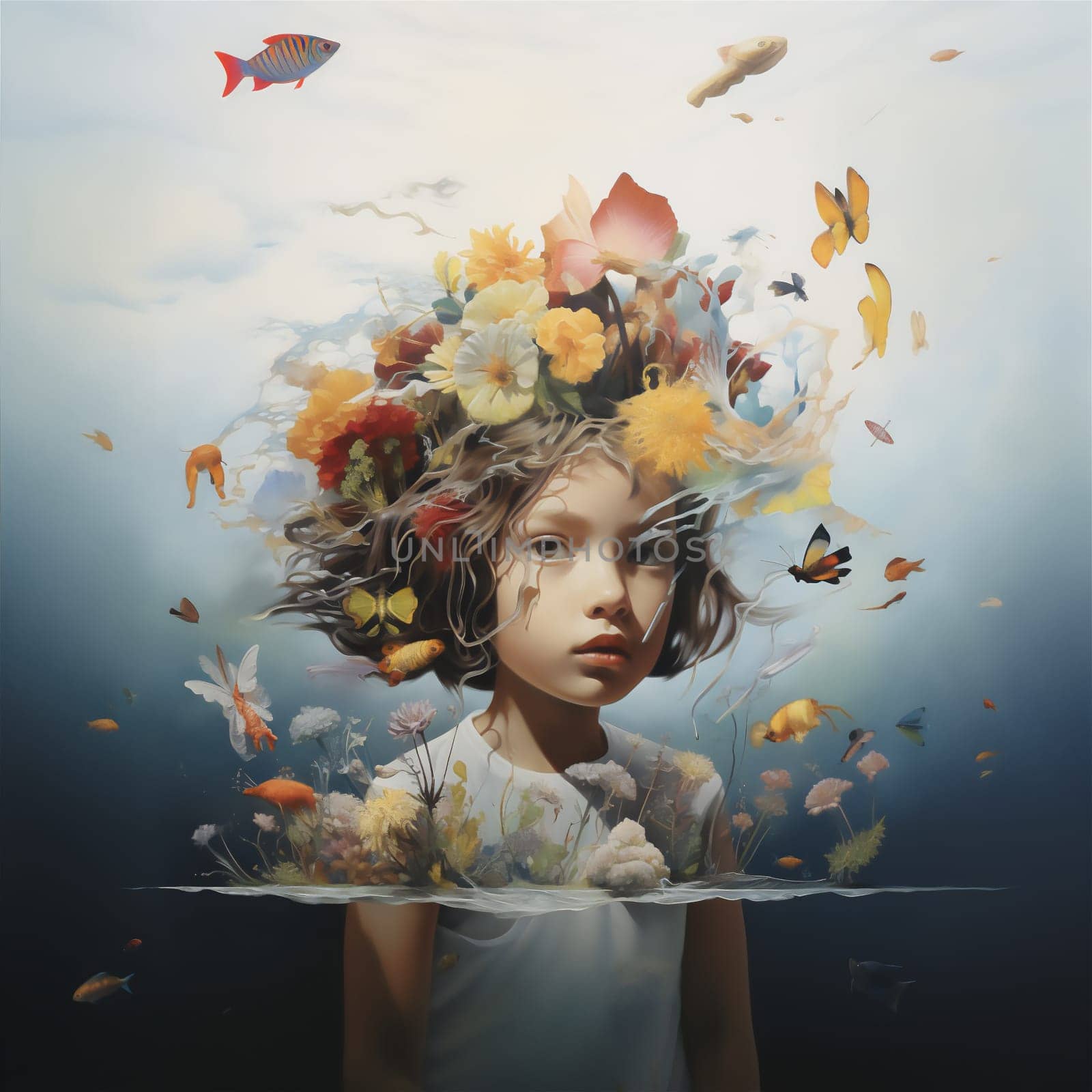 Surreal photo manipulation of girl head exploding into bouquet of flowers and butterflies. Creative and artistic expression of the beauty and fragility of life. Copy space