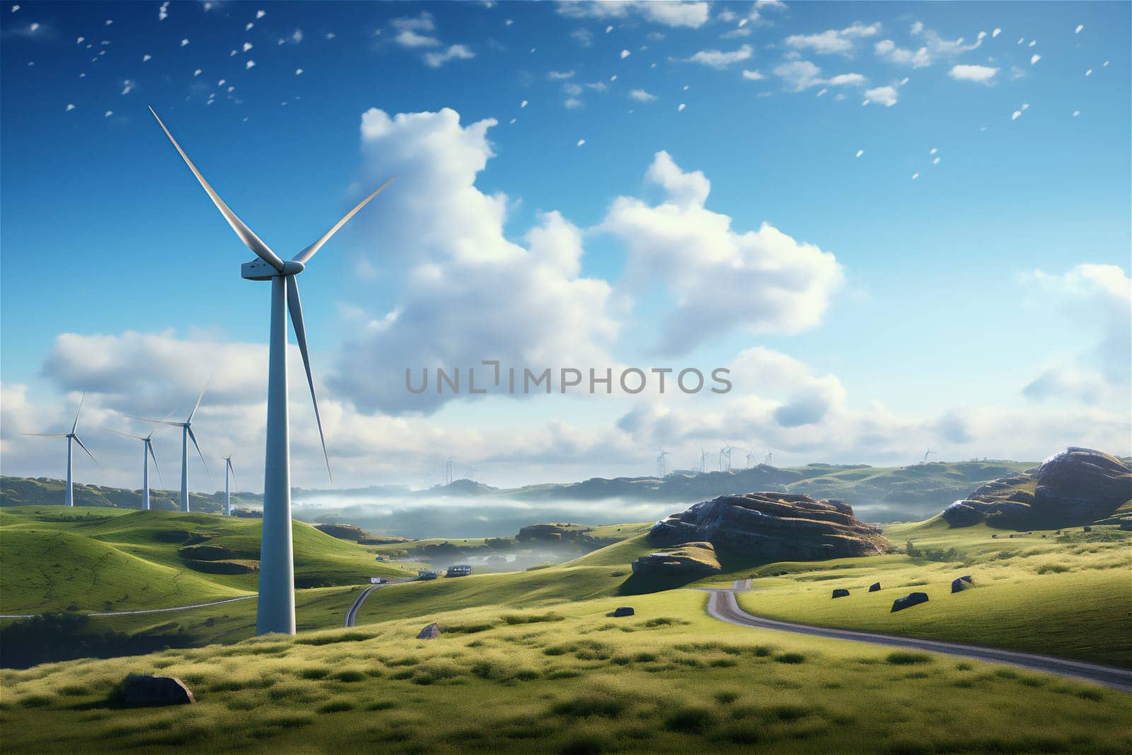 Wind turbine on grassy field against blue sky, for generation electricity with copy space. Green energy concept.