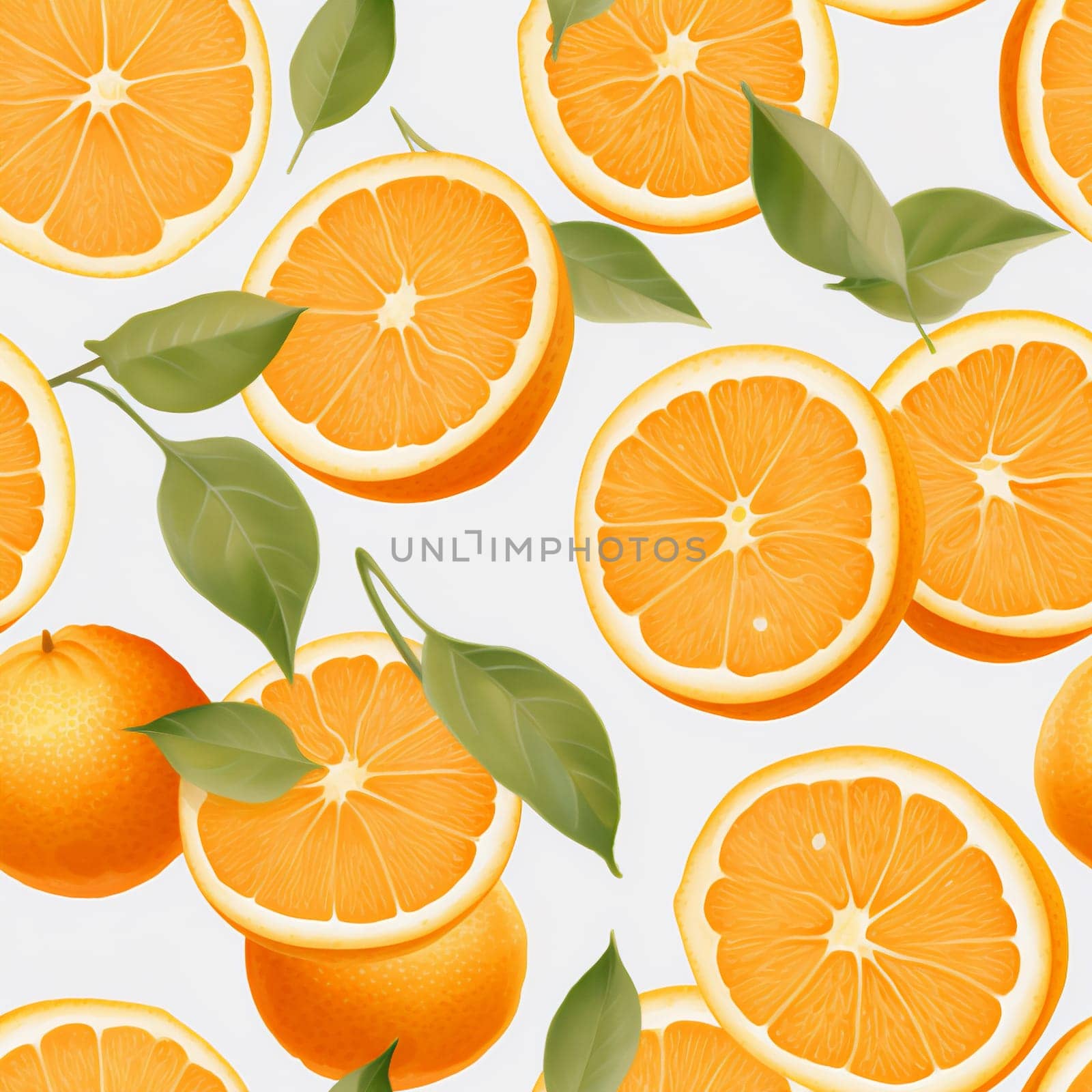 Fresh and vibrant seamless pattern of orange fruit and leaves on a white background by IrynaMelnyk